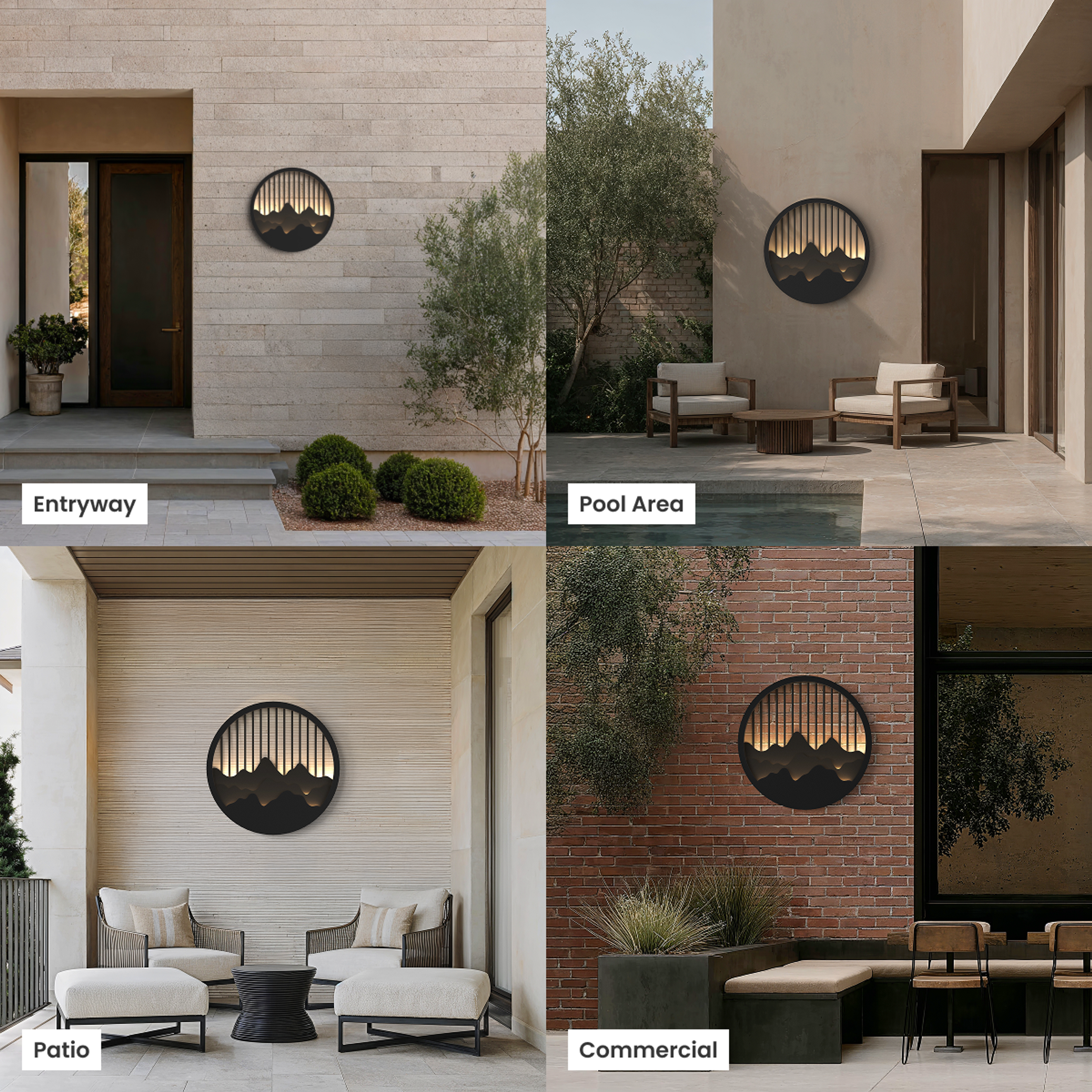 Valley black round wall light with backlit mountain silhouette, shown in entryway, pool, patio and commercial settings