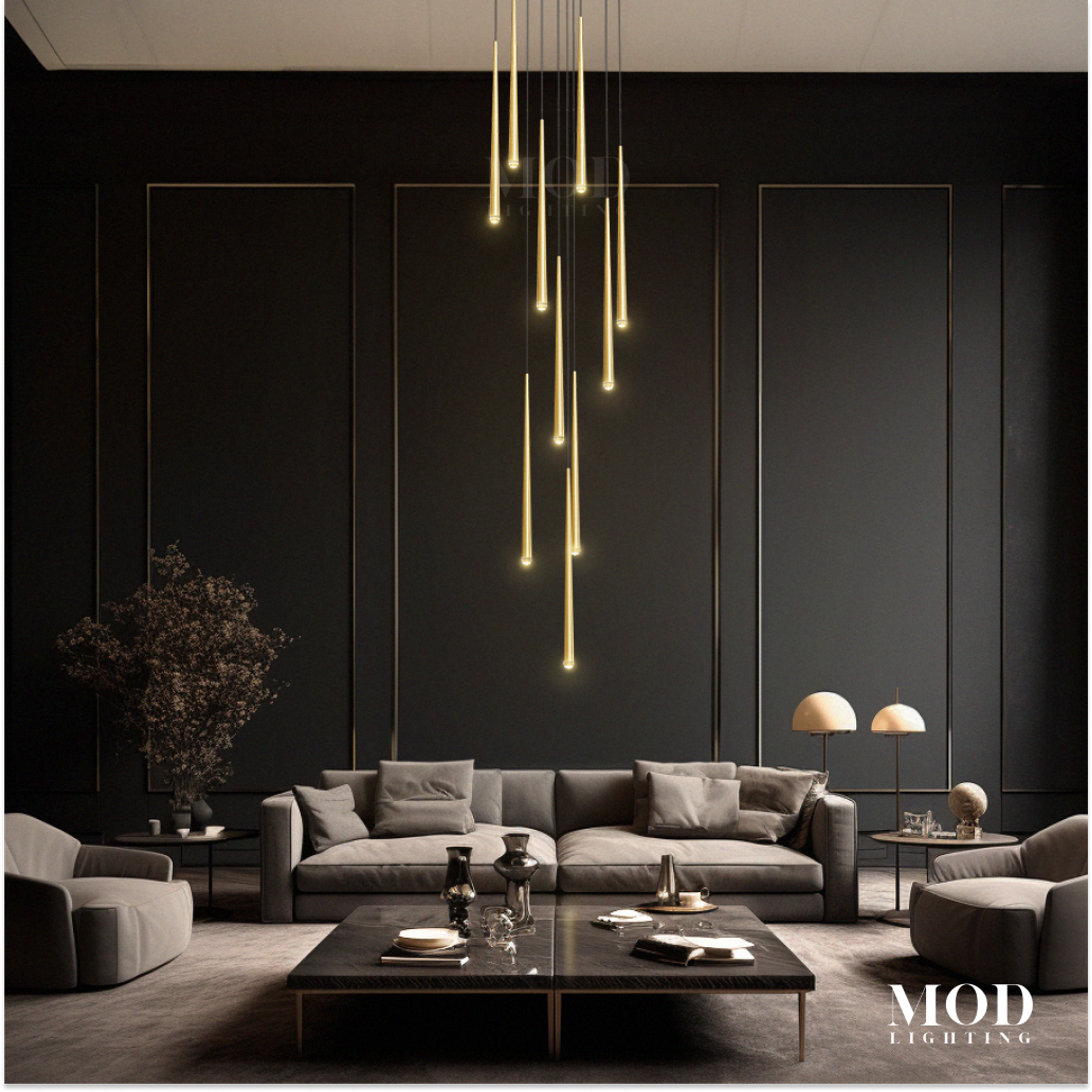 Jasper gold cascade pendant, slim vertical light rods, in a dark paneled living room over a coffee table