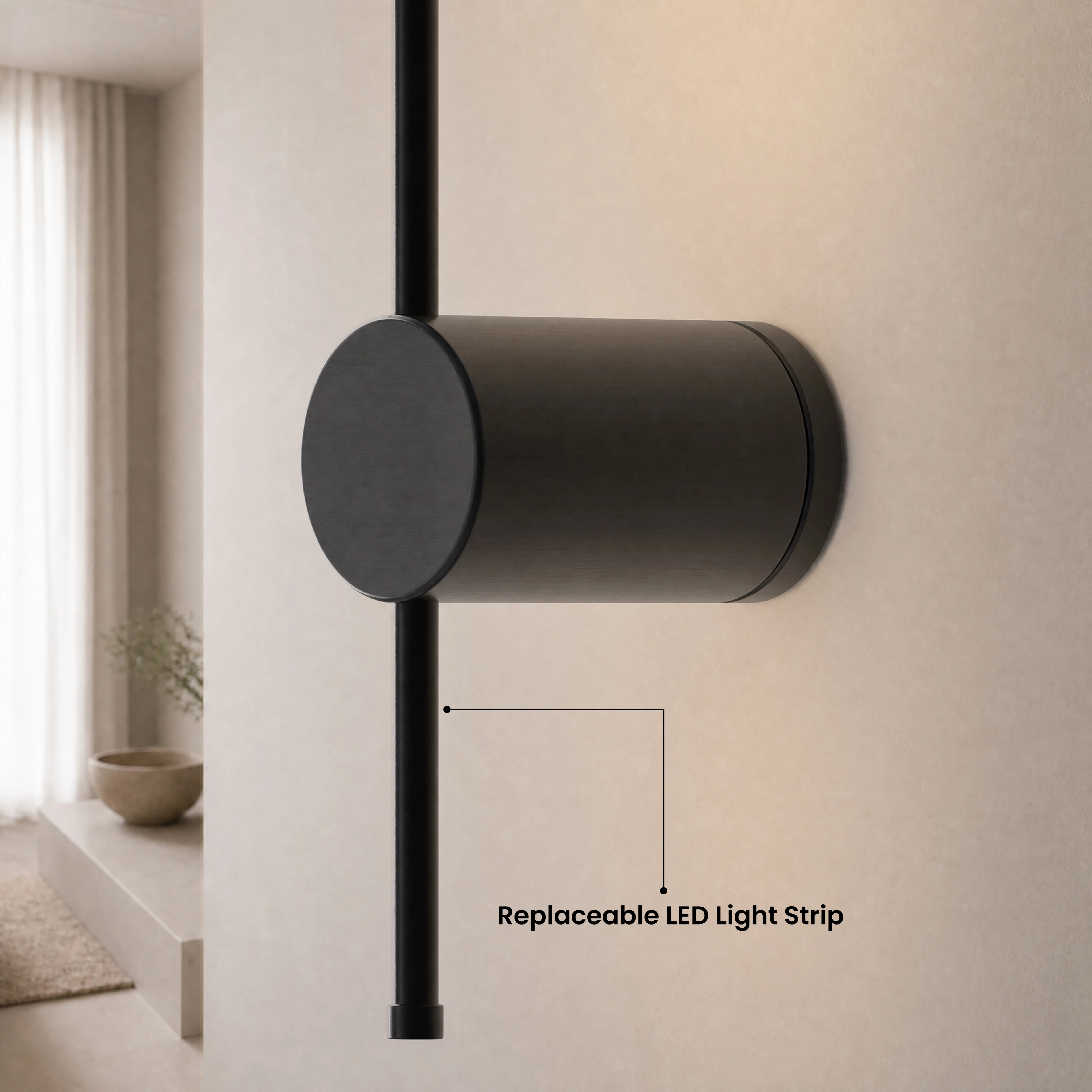 Cadel wall lights in black flanking marble panels, warm white and cool white color temperatures in a living room