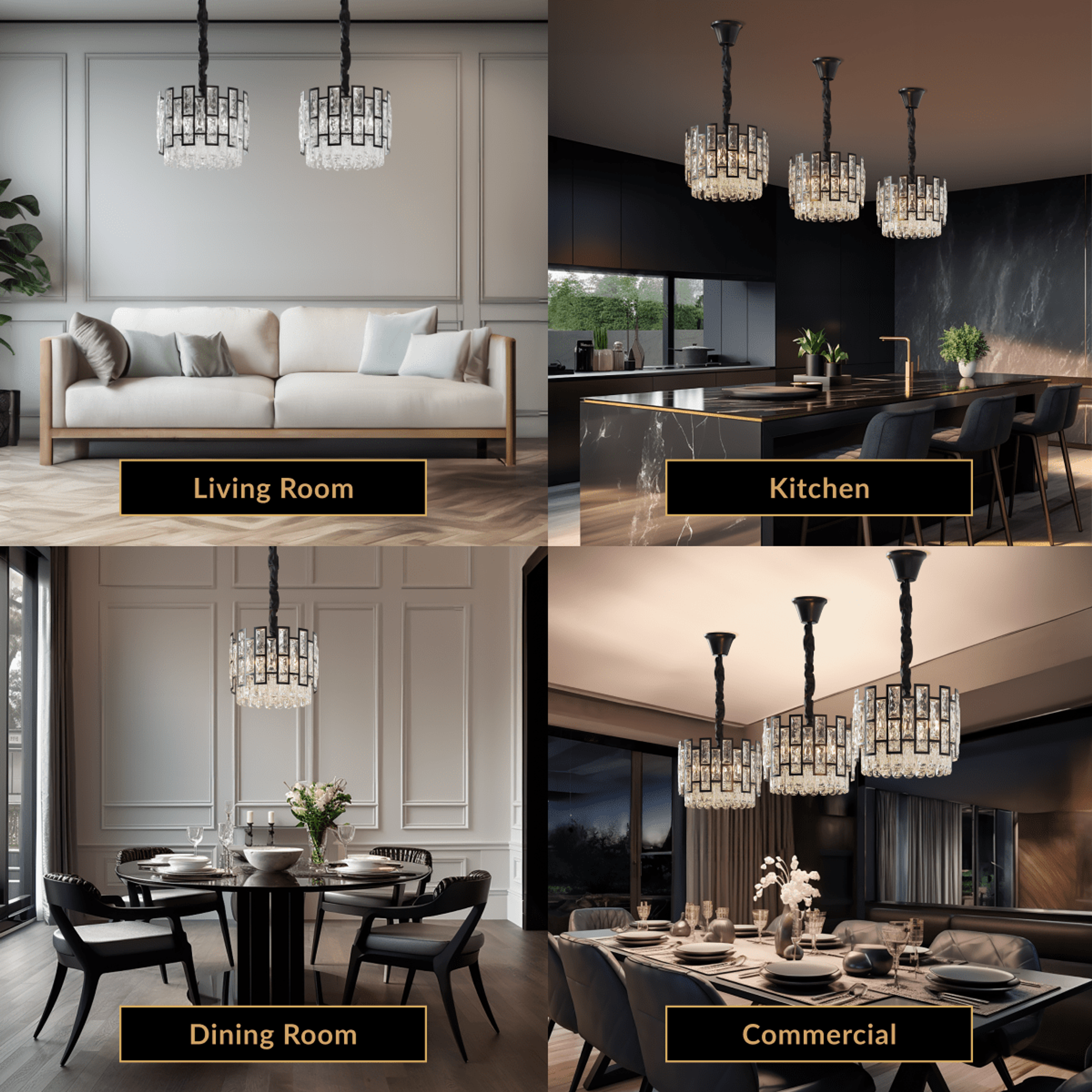 Mini Raven black crystal pendants shown lit in four settings: living room, kitchen, dining room, commercial