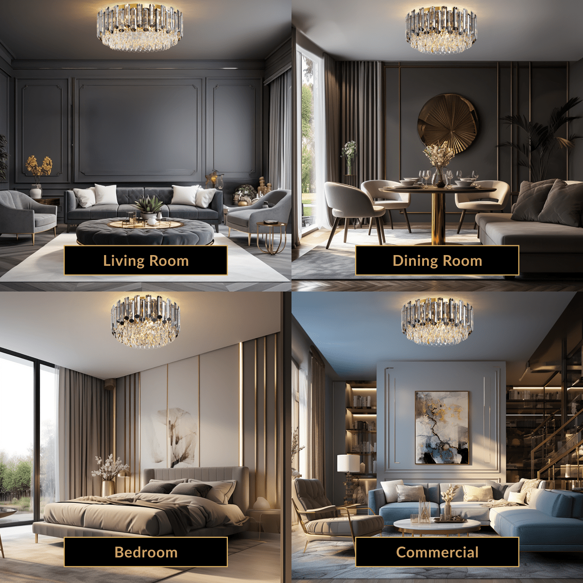 Arina round crystal flush-mount ceiling light shown in living room, dining room, bedroom and commercial settings