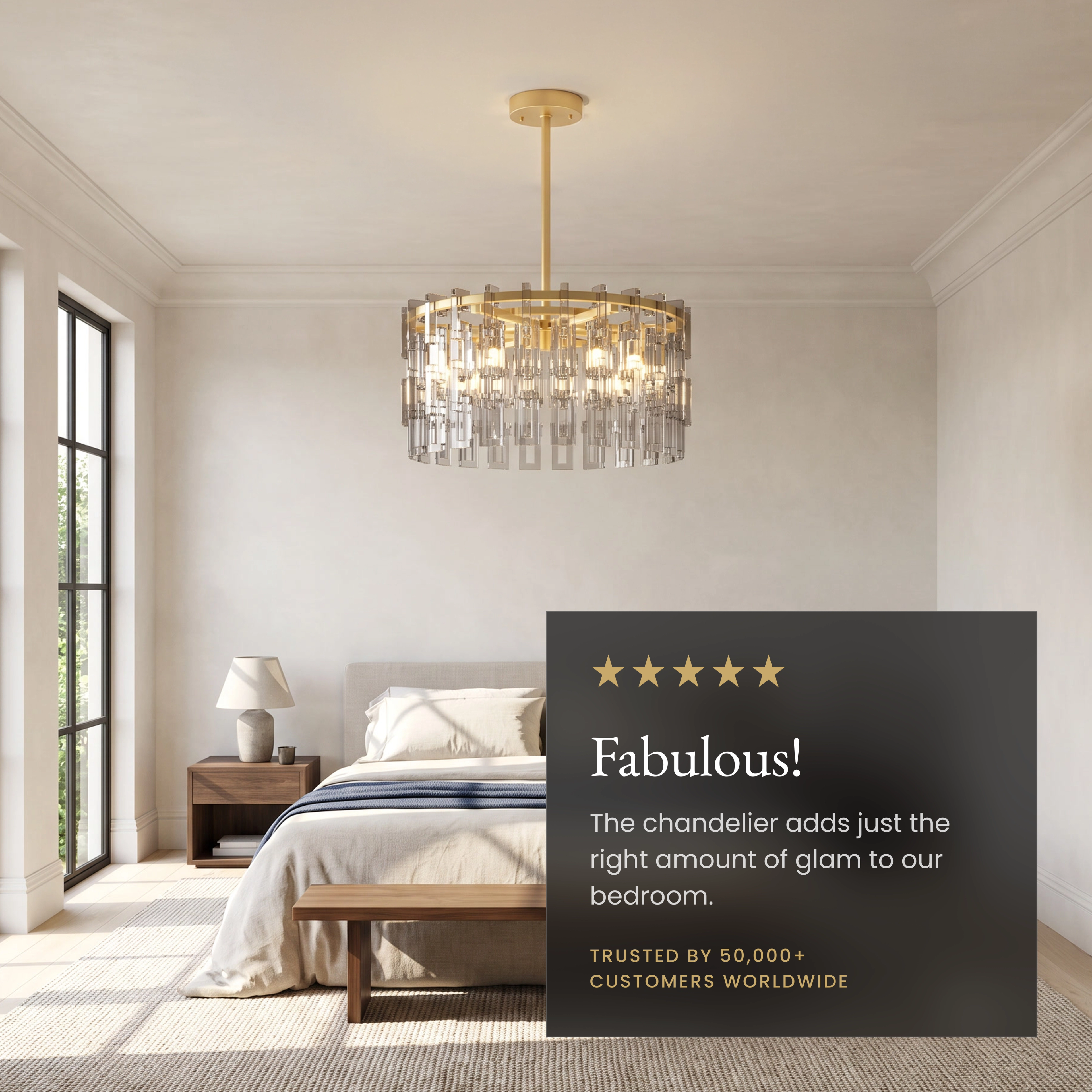 Radiance brushed-gold drum chandelier with layered clear crystal rods in a living room, noting solid brass and dimmable