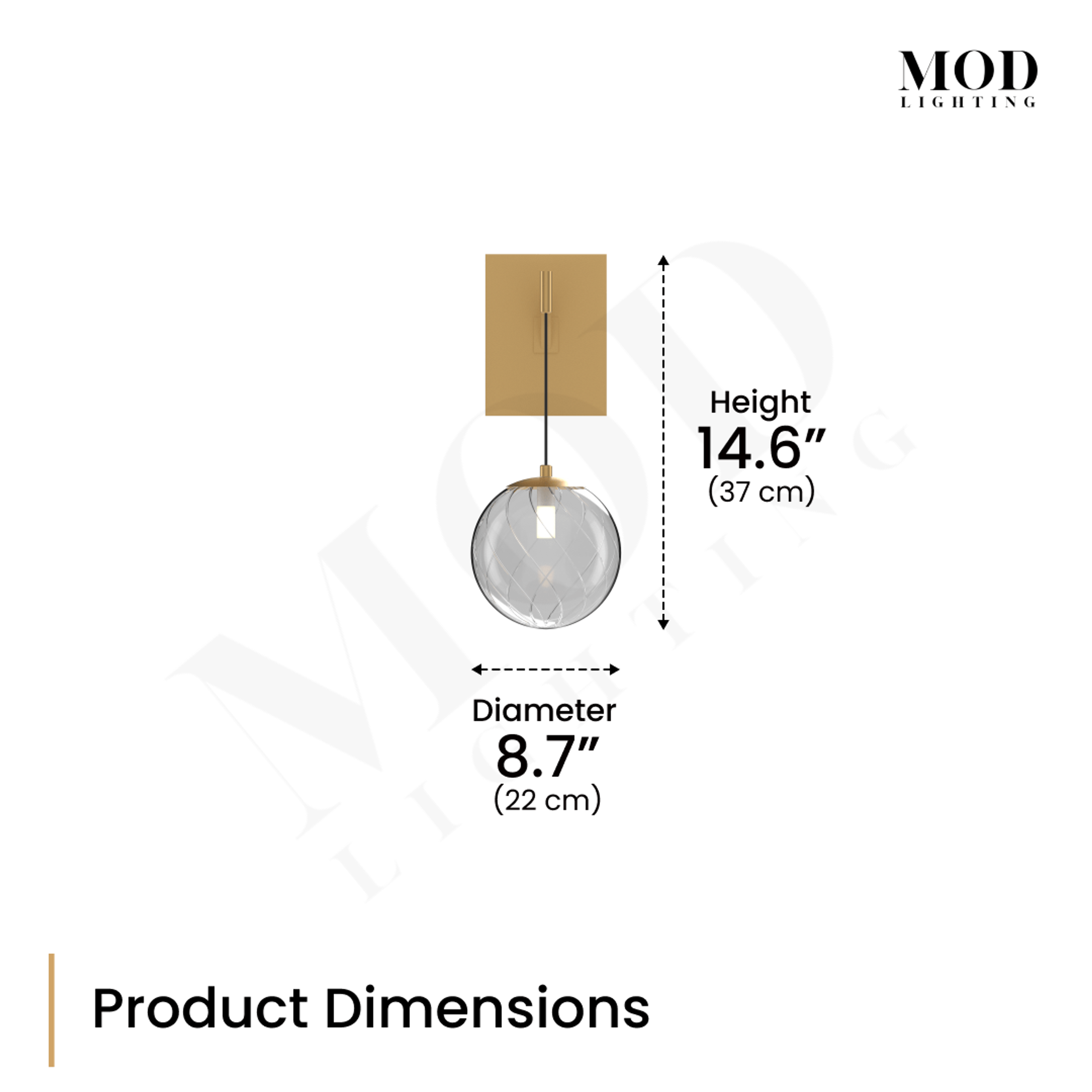 Mirella Sconce dimension diagram: 14.6in height, 8.7in globe diameter, with rectangular gold backplate