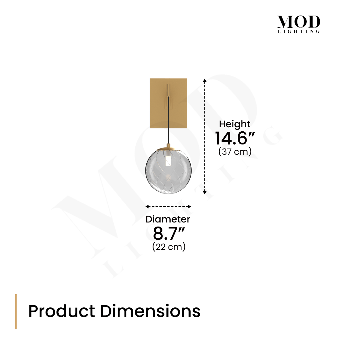 Mirella Sconce dimension diagram: 14.6in height, 8.7in globe diameter, with rectangular gold backplate