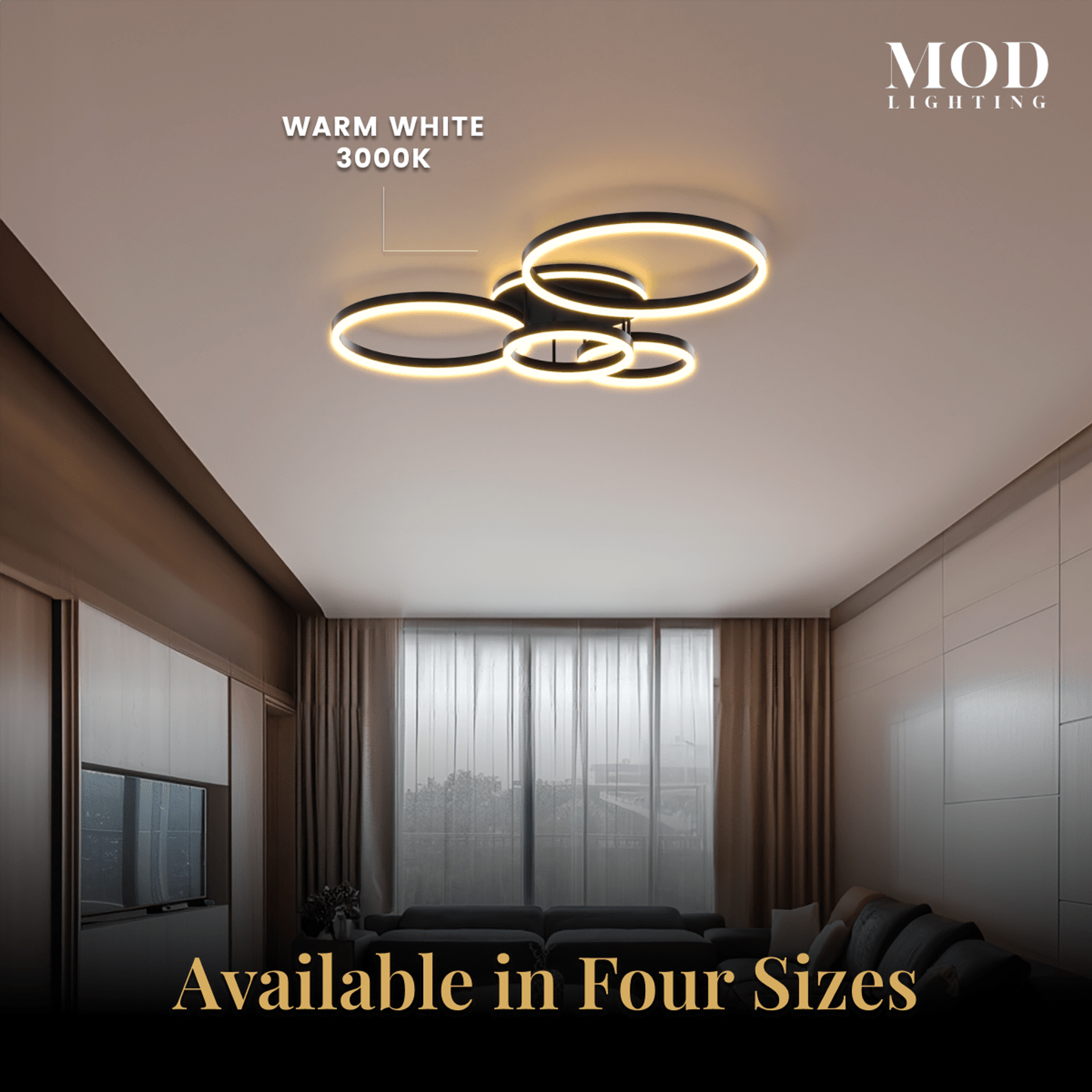 Chloe ceiling light, four gold LED rings in a living room; available in four sizes