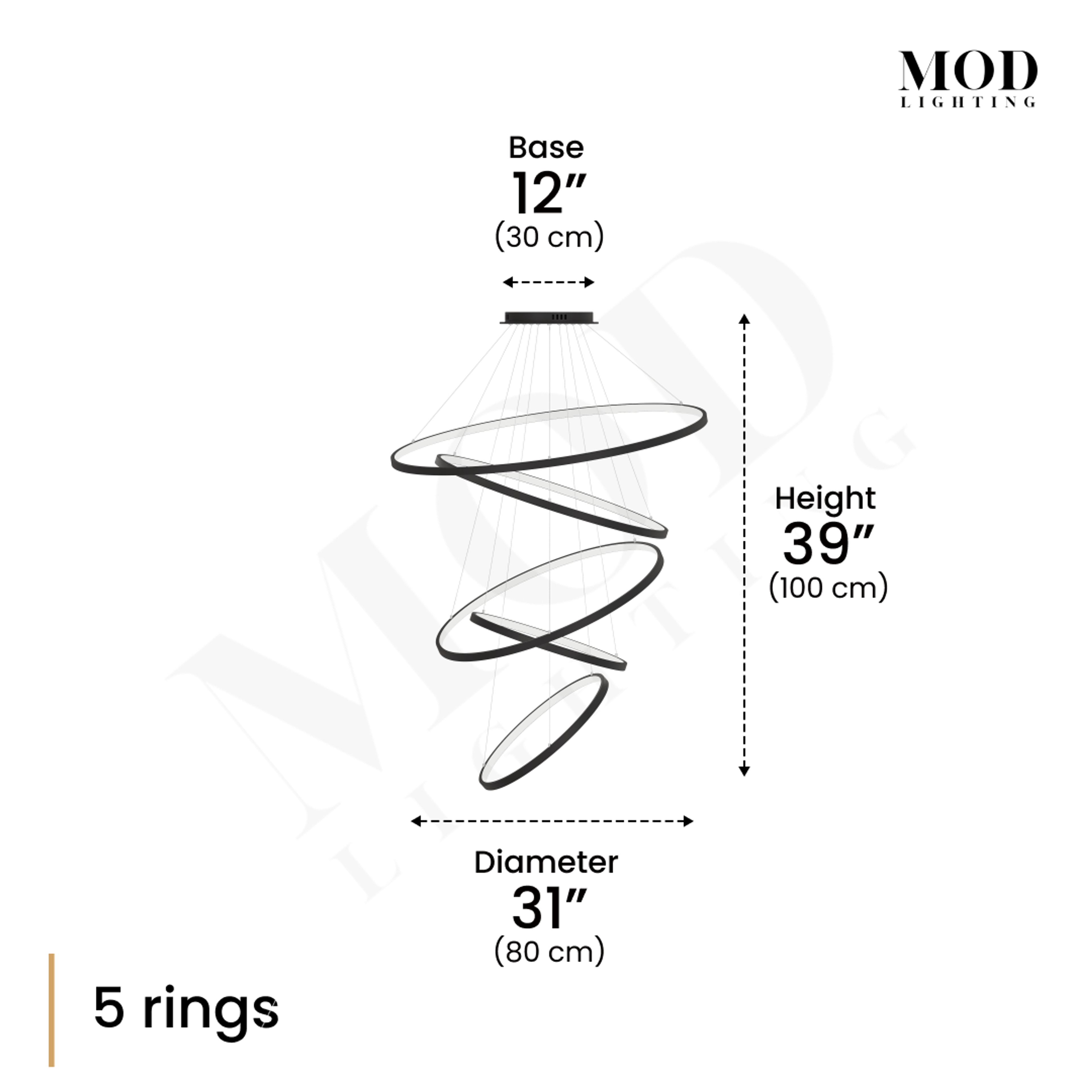 Janet dimension diagram, 5 spiraling black LED rings, 12" base, 31" diameter, 39" height