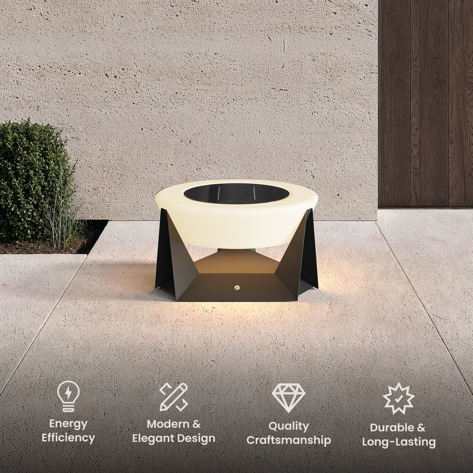 Skye solar lamp, round white shade on angled black base glowing warm, on a stone patio