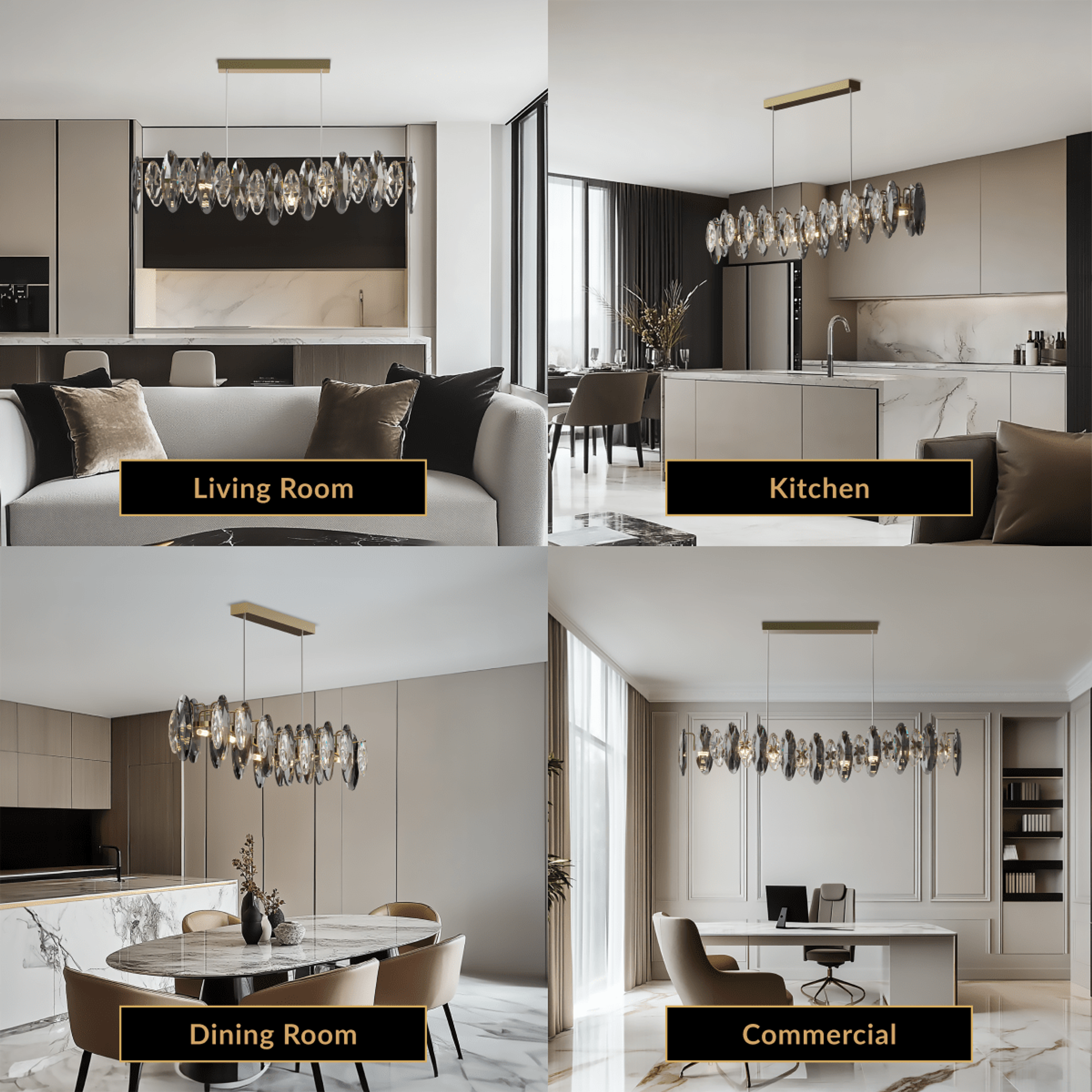 Celestial linear crystal pendant, gold frame with clustered crystals, shown in living room, kitchen, dining and commercial se