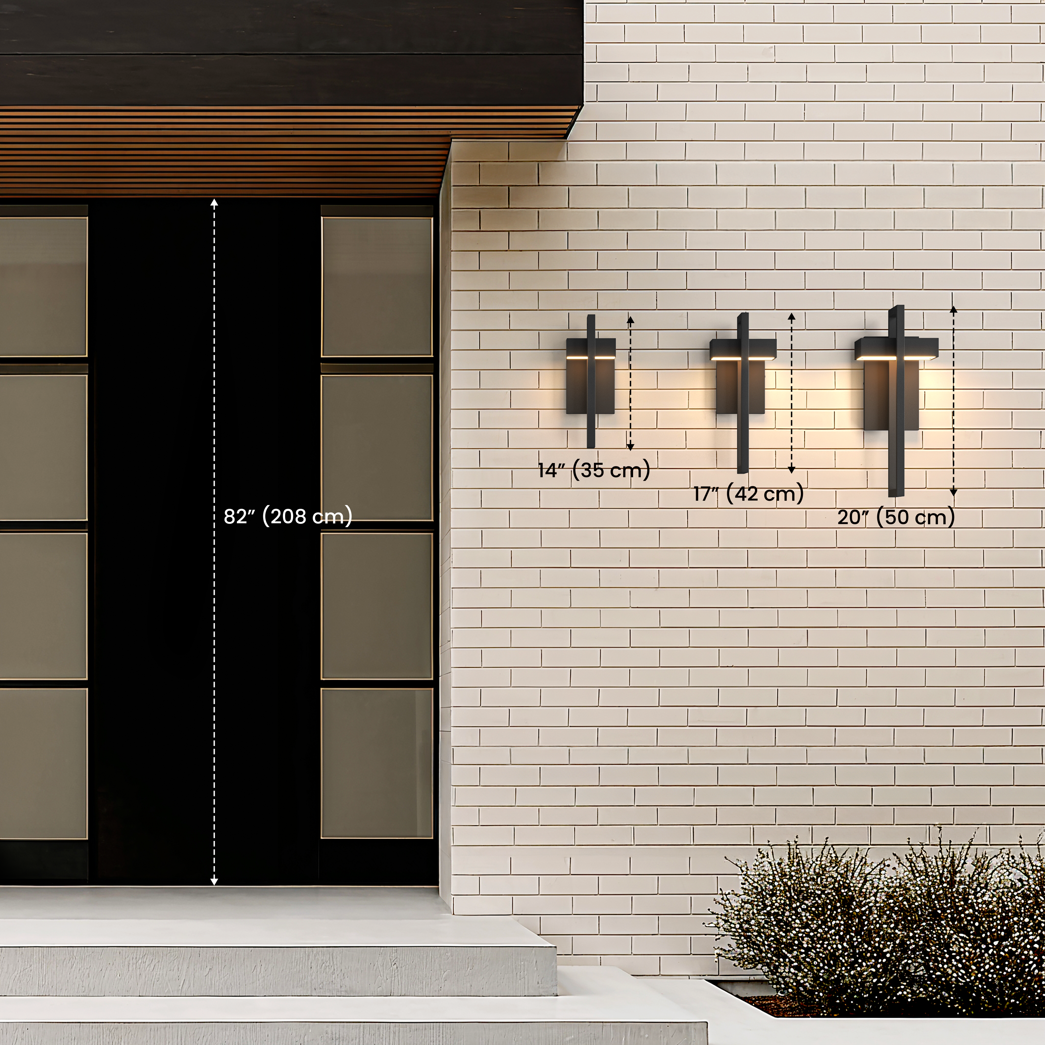 Terri Smart size guide: 14, 17 and 20 inch sconces beside an 82 inch door for scale