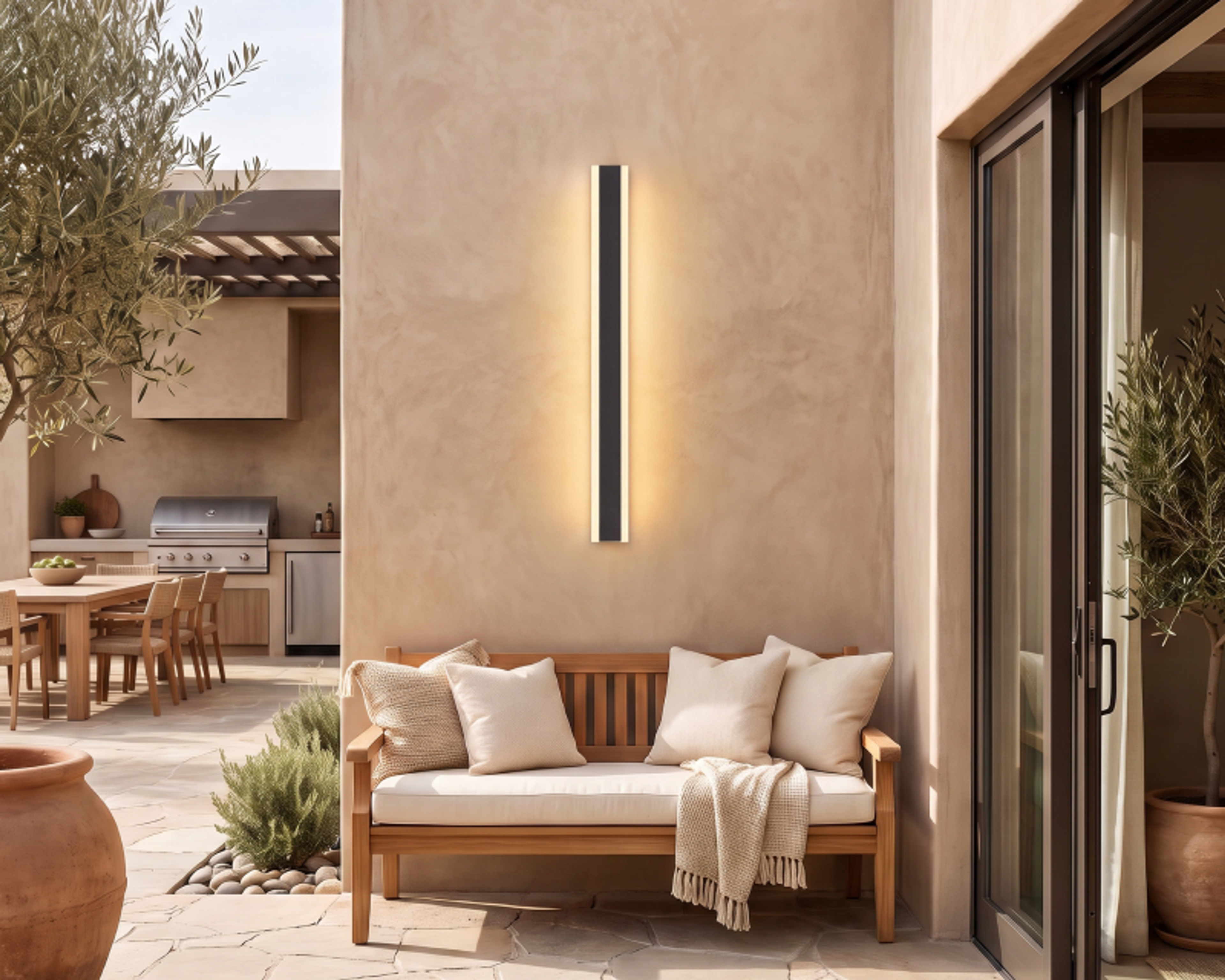 Harper outdoor wall light on a terrace wall above a garden sofa