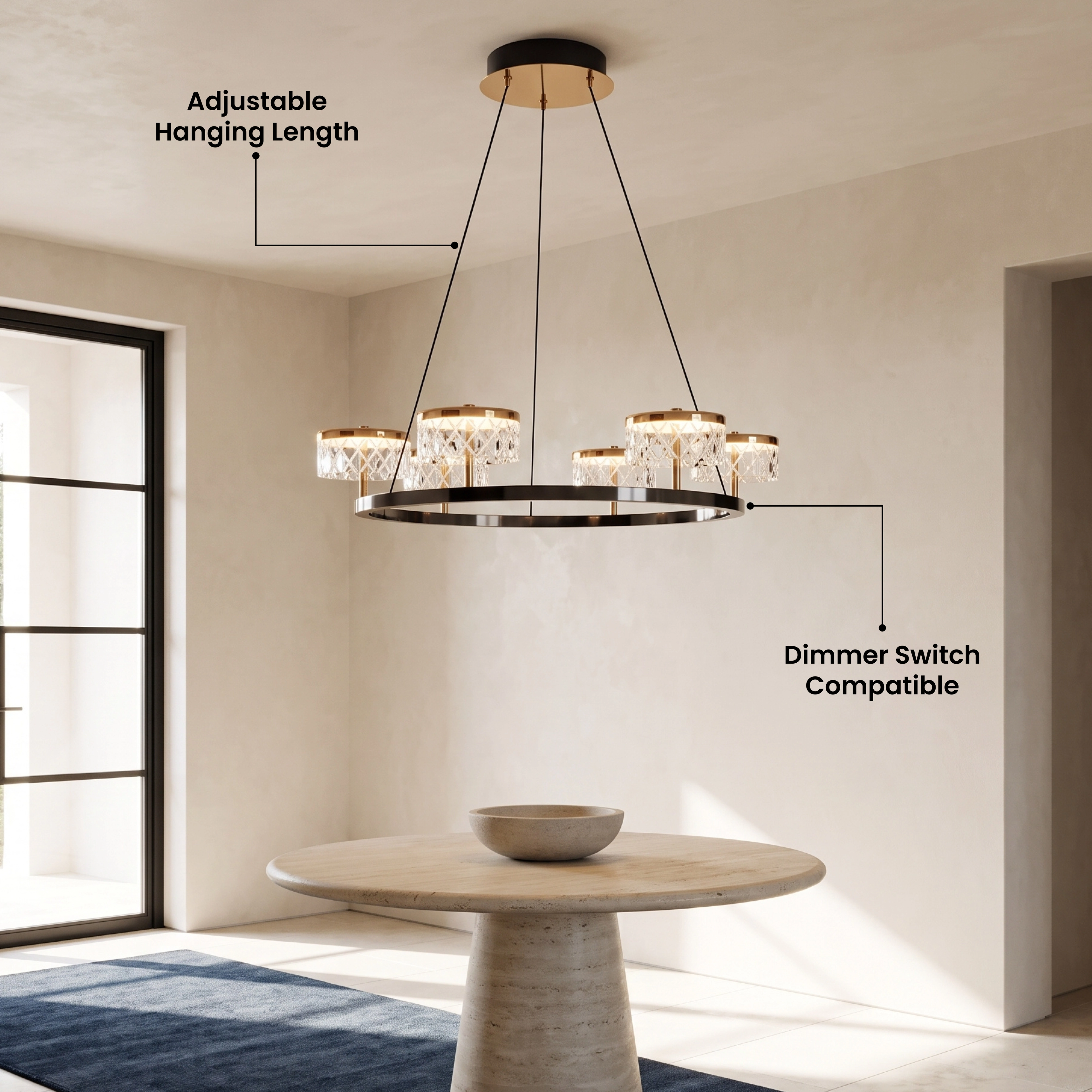 Emma two-tier crystal drum chandelier hanging in a two-story stairwell, with a five-star customer review overlay