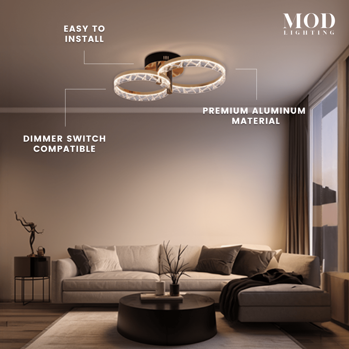 Clara gold two-ring crystal ceiling light over a sofa, labelled easy install, dimmable, premium aluminum