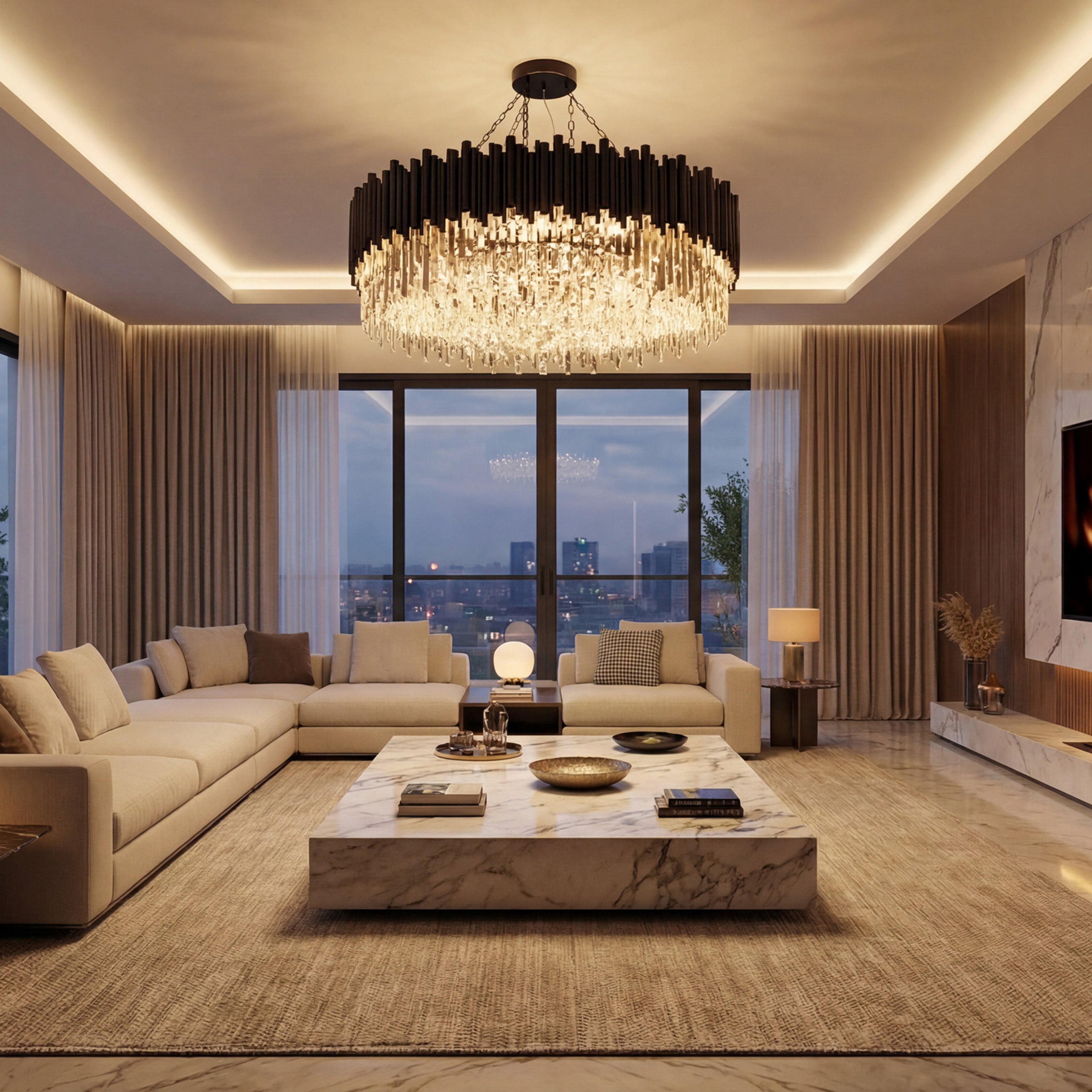 Obsidian chandelier in a modern living room