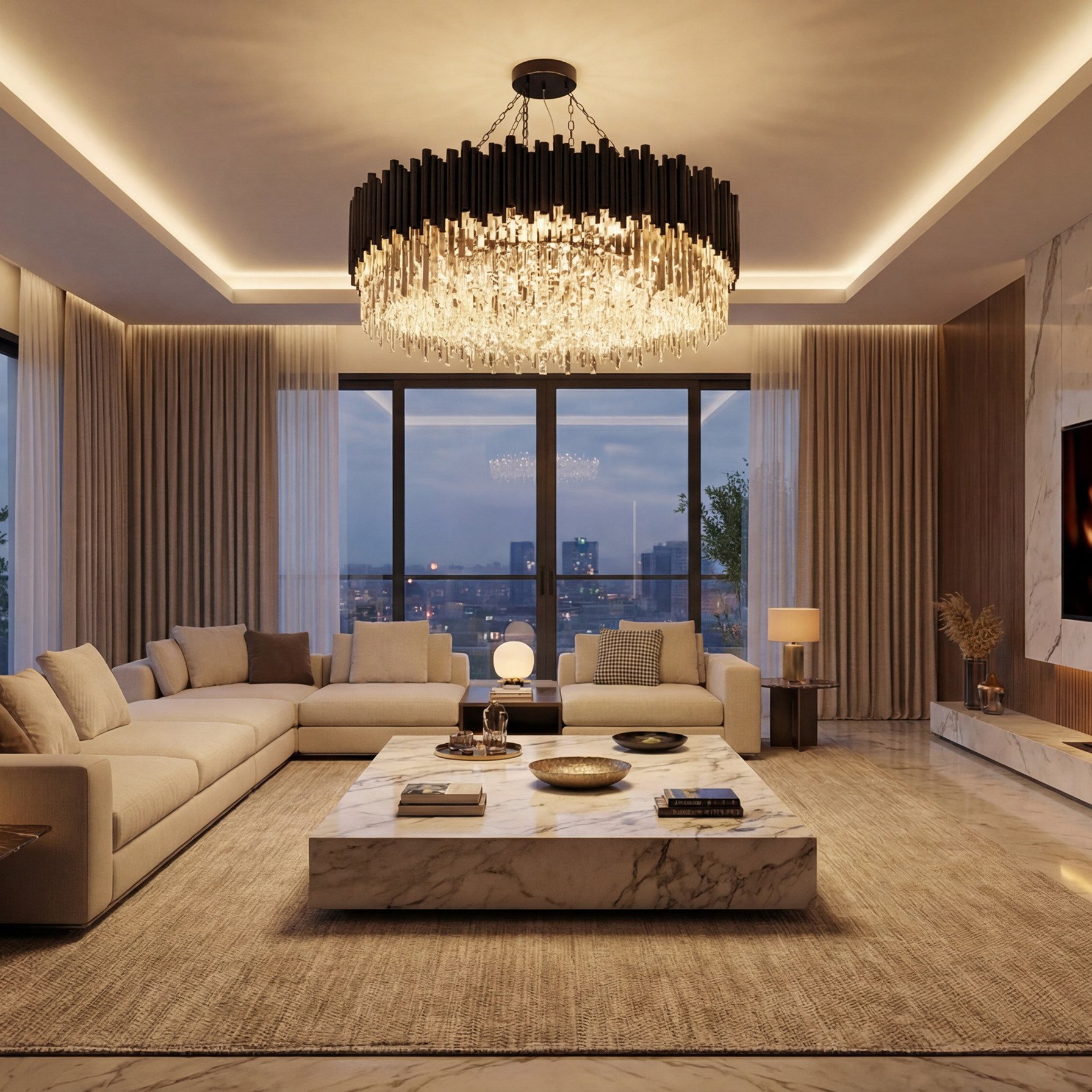 Obsidian chandelier in a modern living room