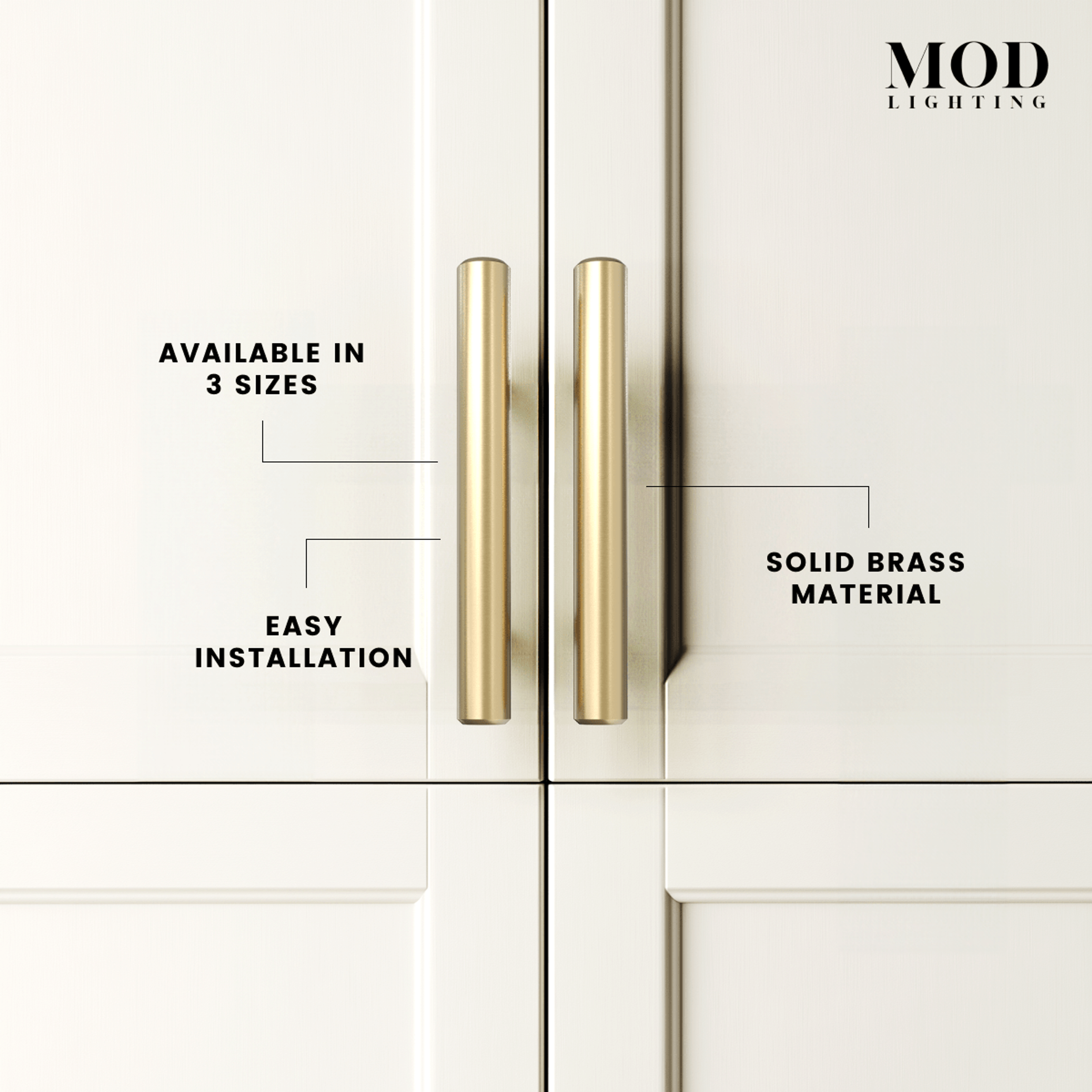 Alison brushed-gold bar cabinet pulls on white cabinet doors, noting solid brass and three sizes