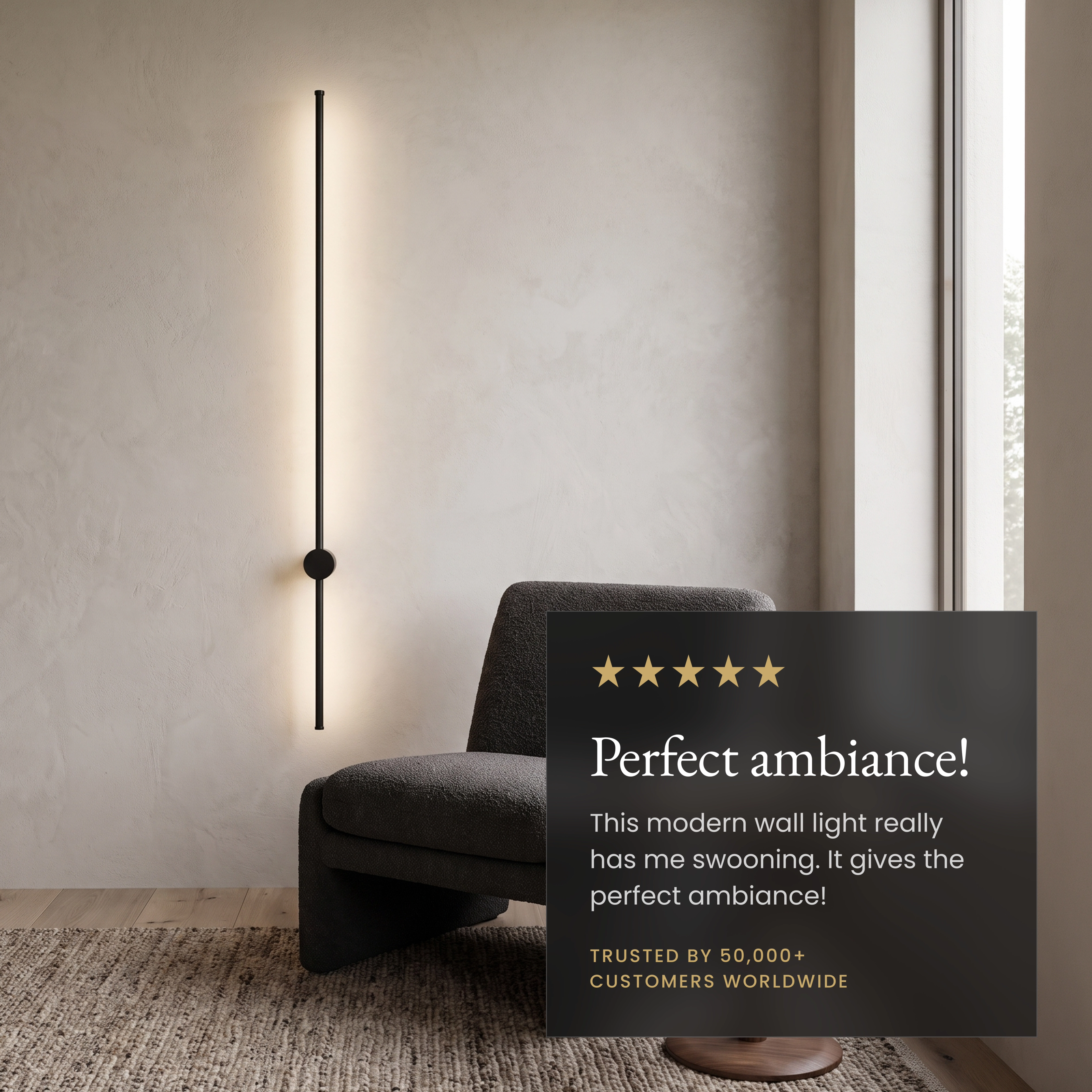 Cadel wall lights in black over a grey sofa, three color options and multiple sizes shown in a dark living room
