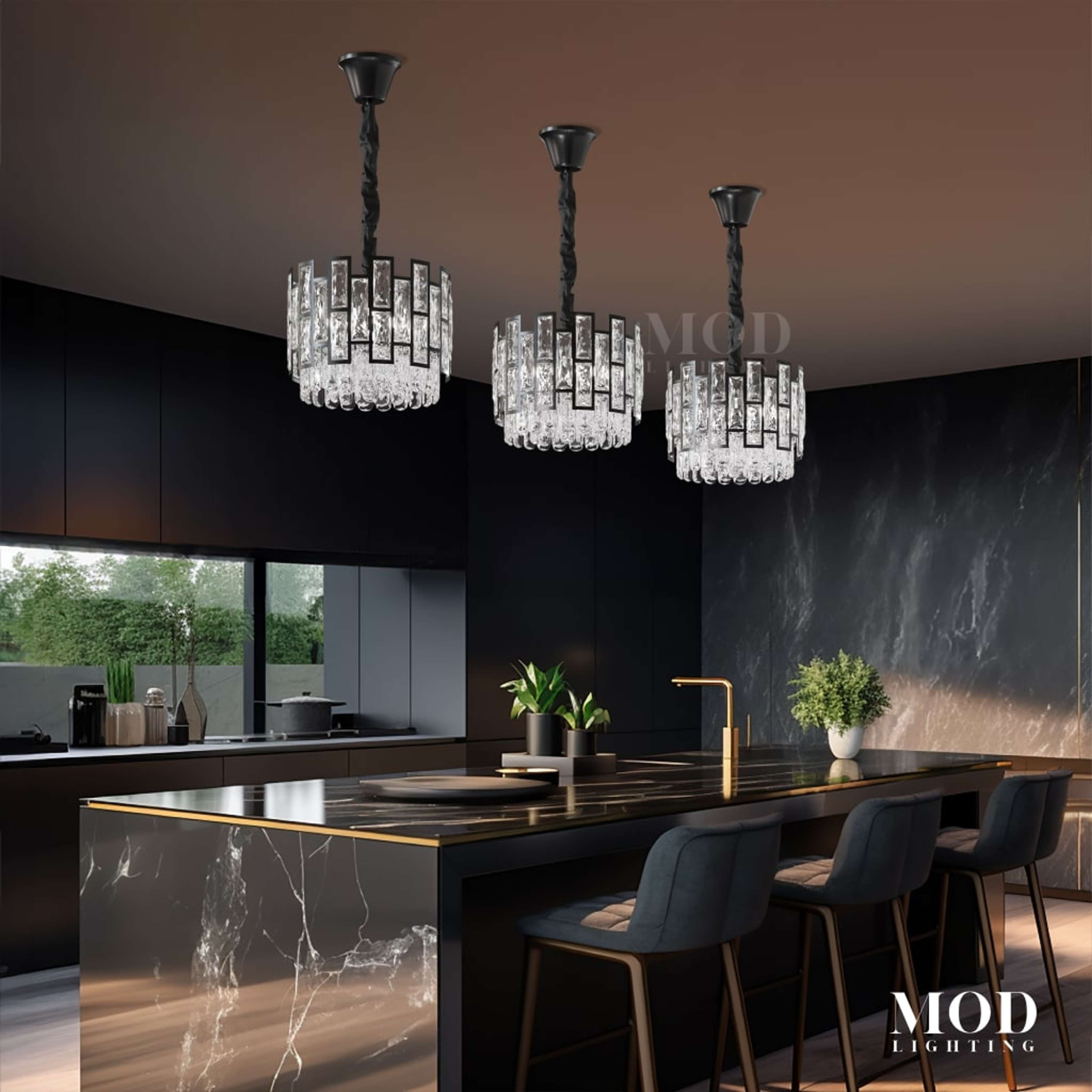 Mini Raven crystal drum pendants, three tiered fixtures over a black marble island in a dark modern kitchen