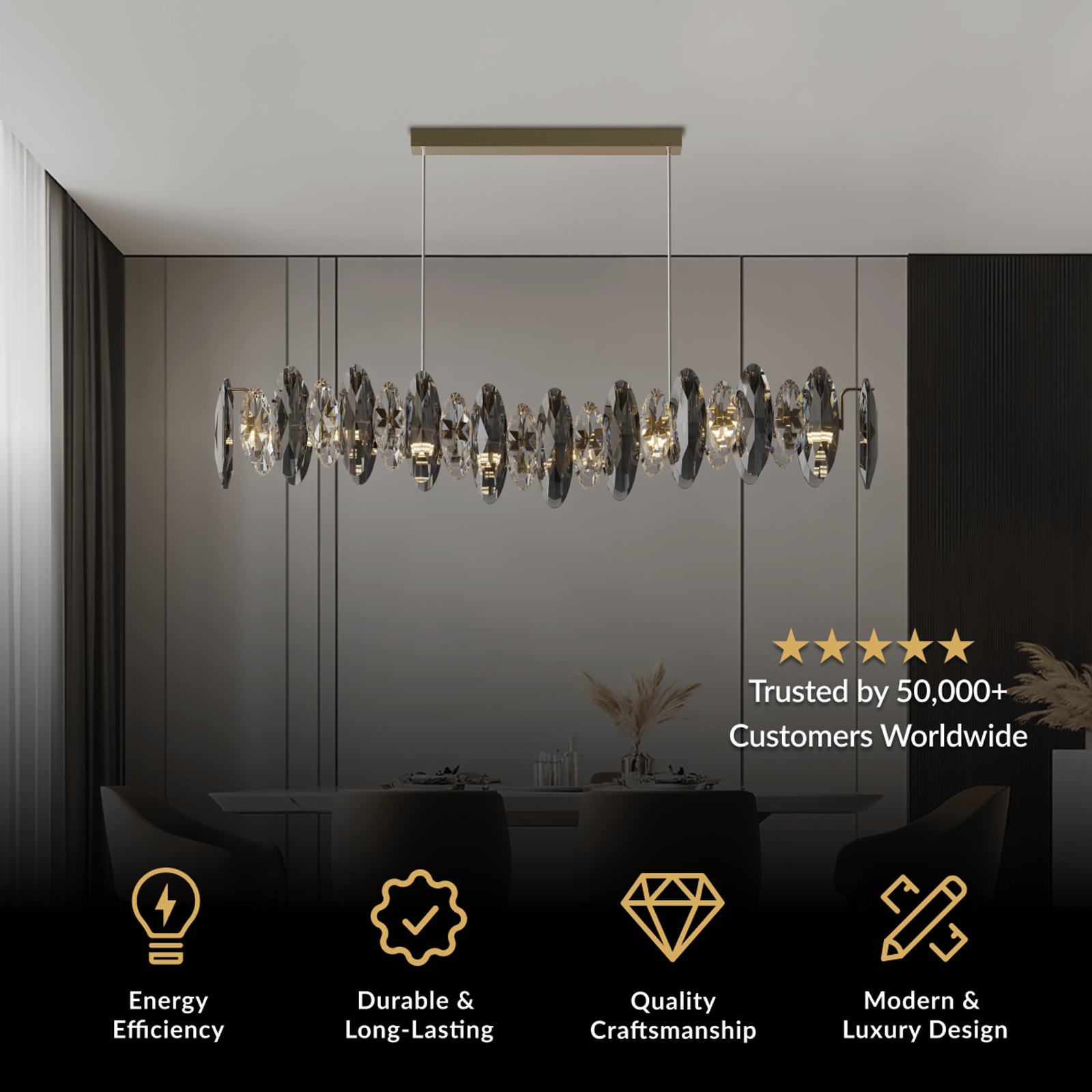 Celestial long gold linear pendant with hanging crystal rods over a dining table