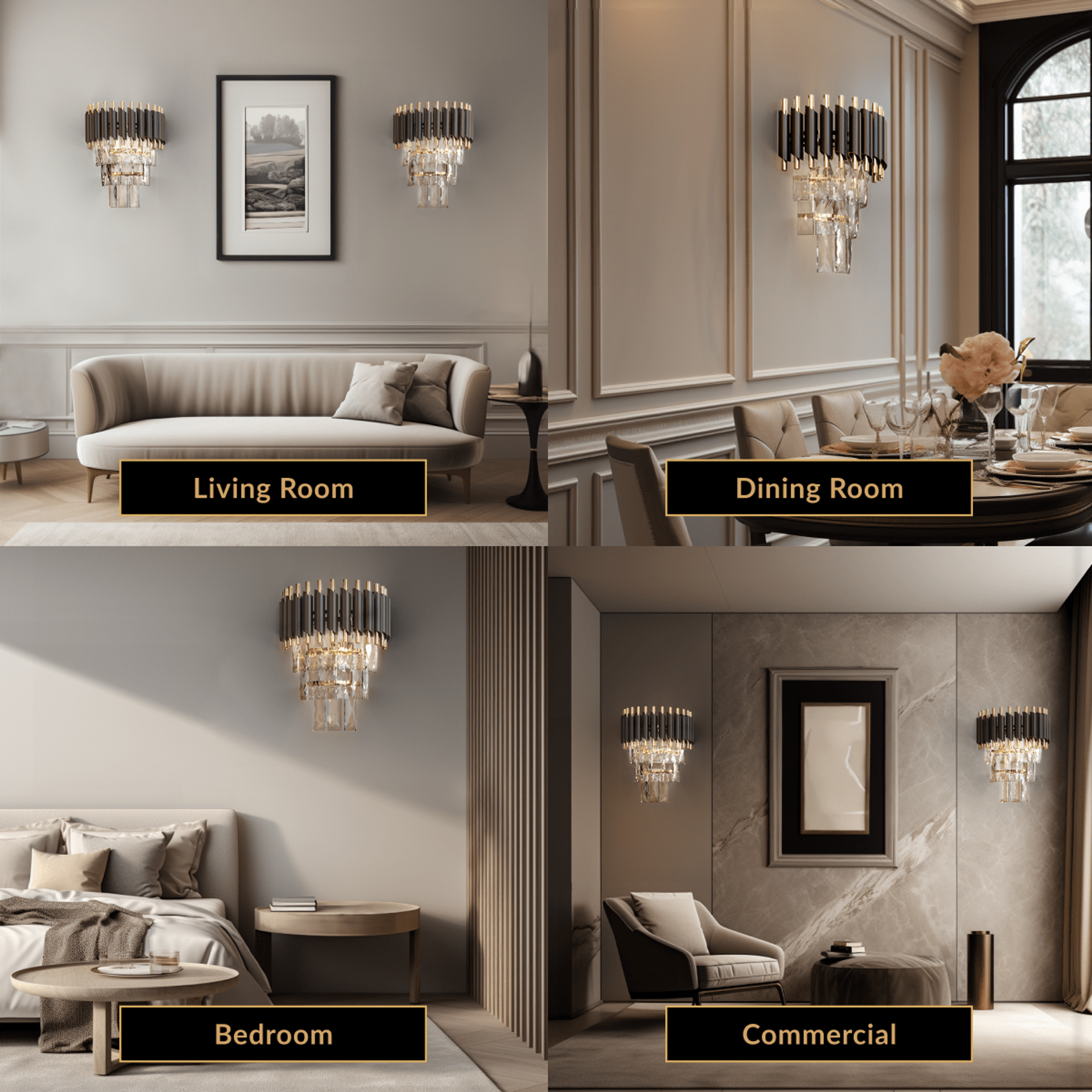 Onyx black and gold crystal wall sconce shown in living room, dining room, bedroom and commercial settings
