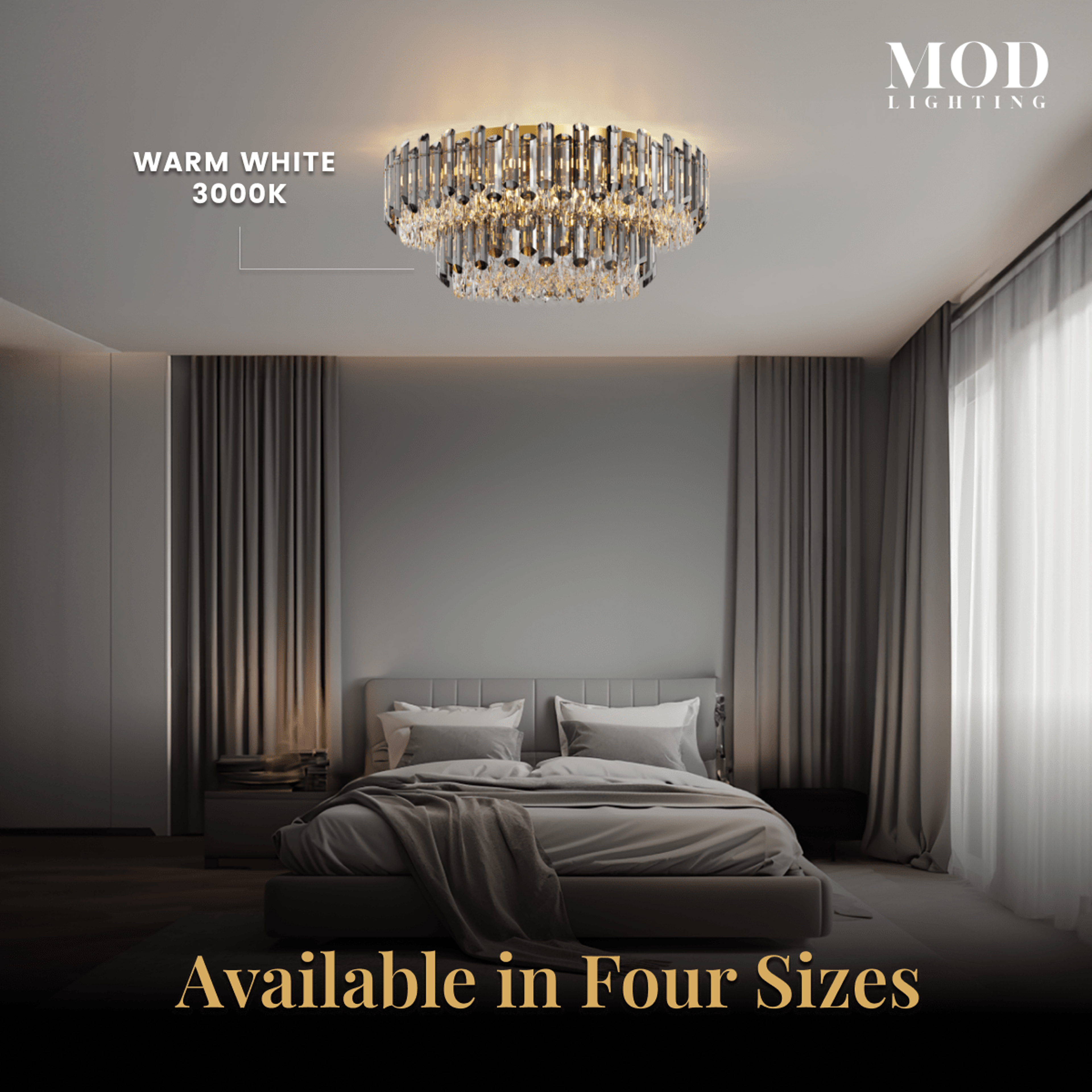 Arina gold crystal flush-mount chandelier, round tiered fixture glowing warm white over a bed