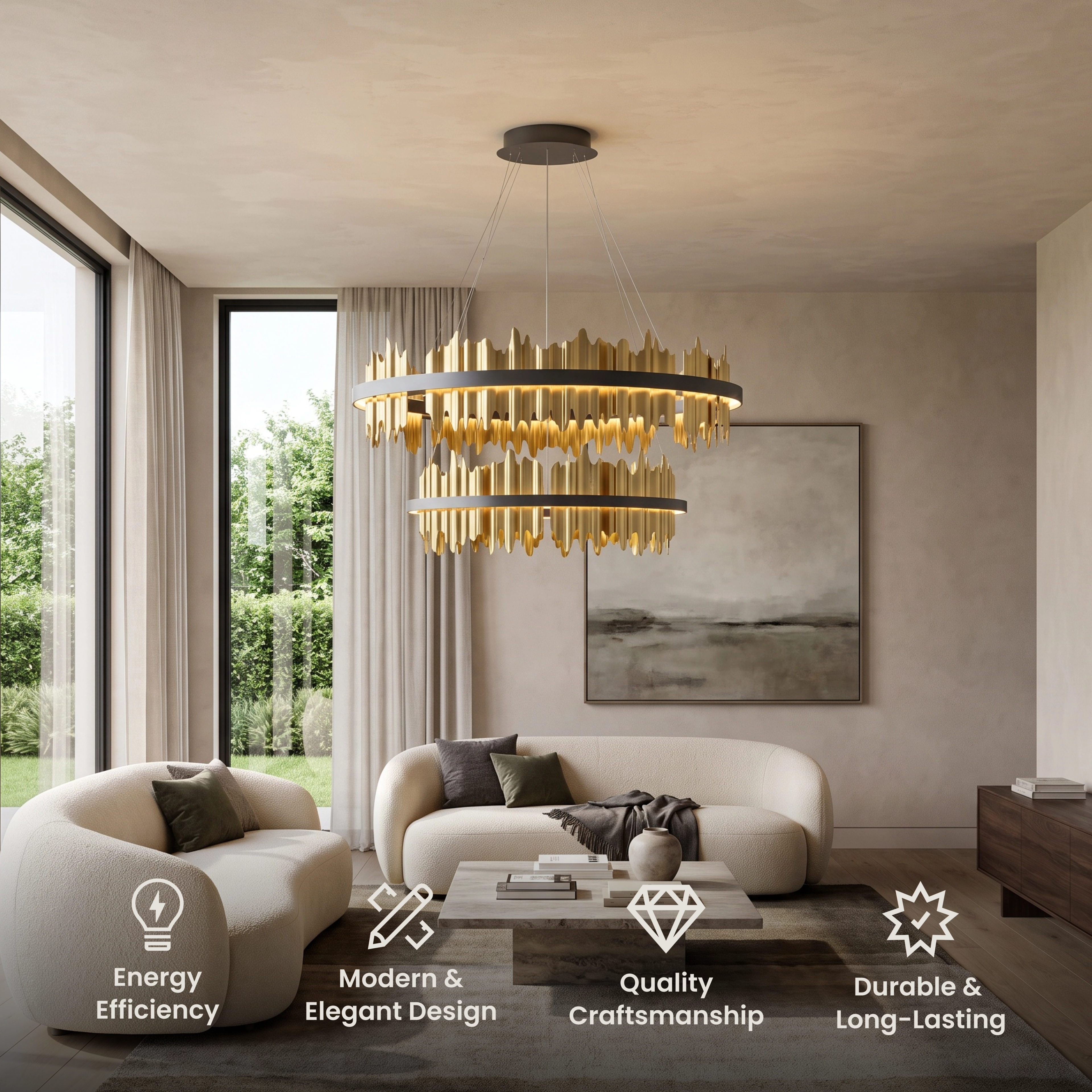 Aurelius Smart two-tier black and gold ring chandelier in a living room, with feature icons