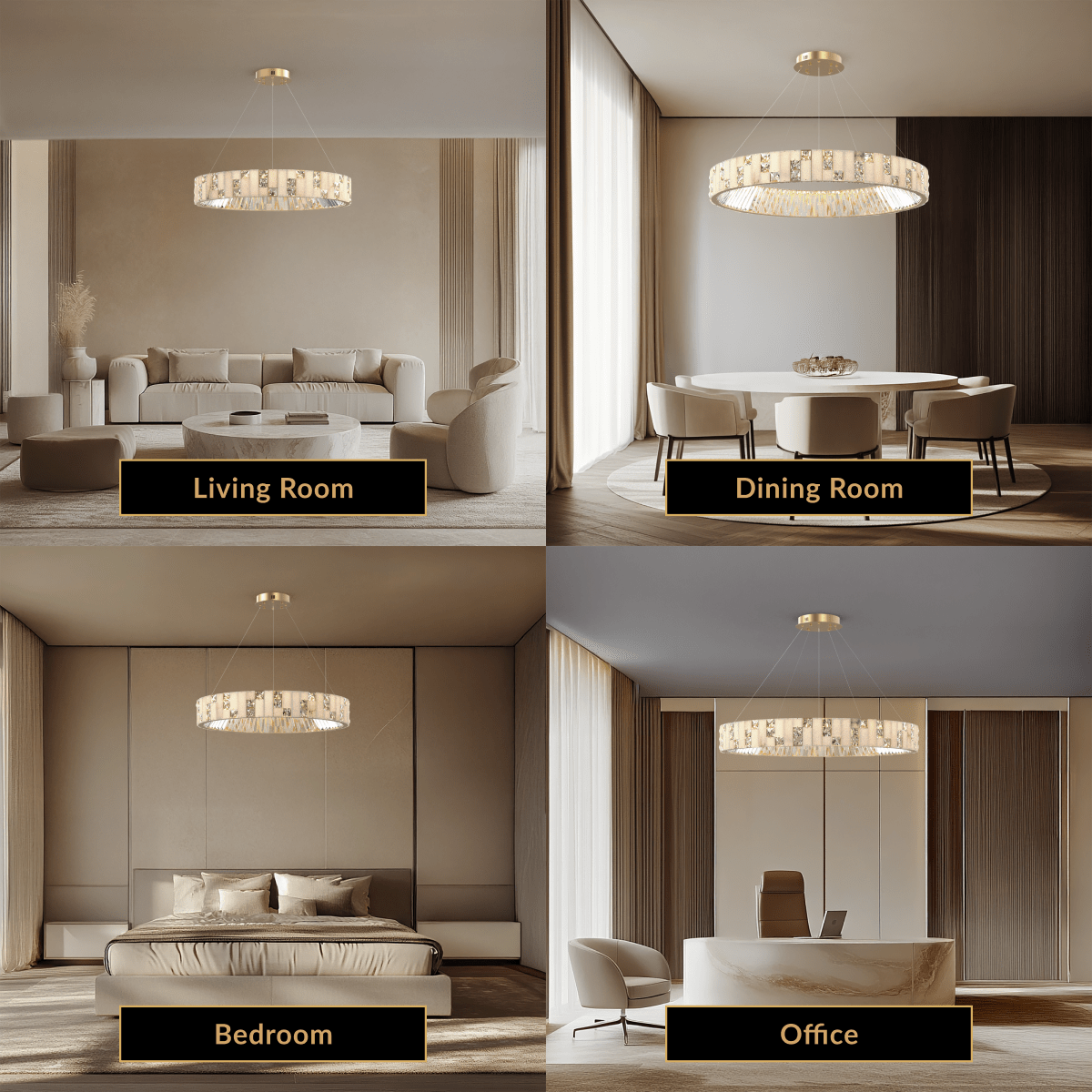 Seraphine gold and crystal alabaster drum chandelier shown in living room, dining room, bedroom and office
