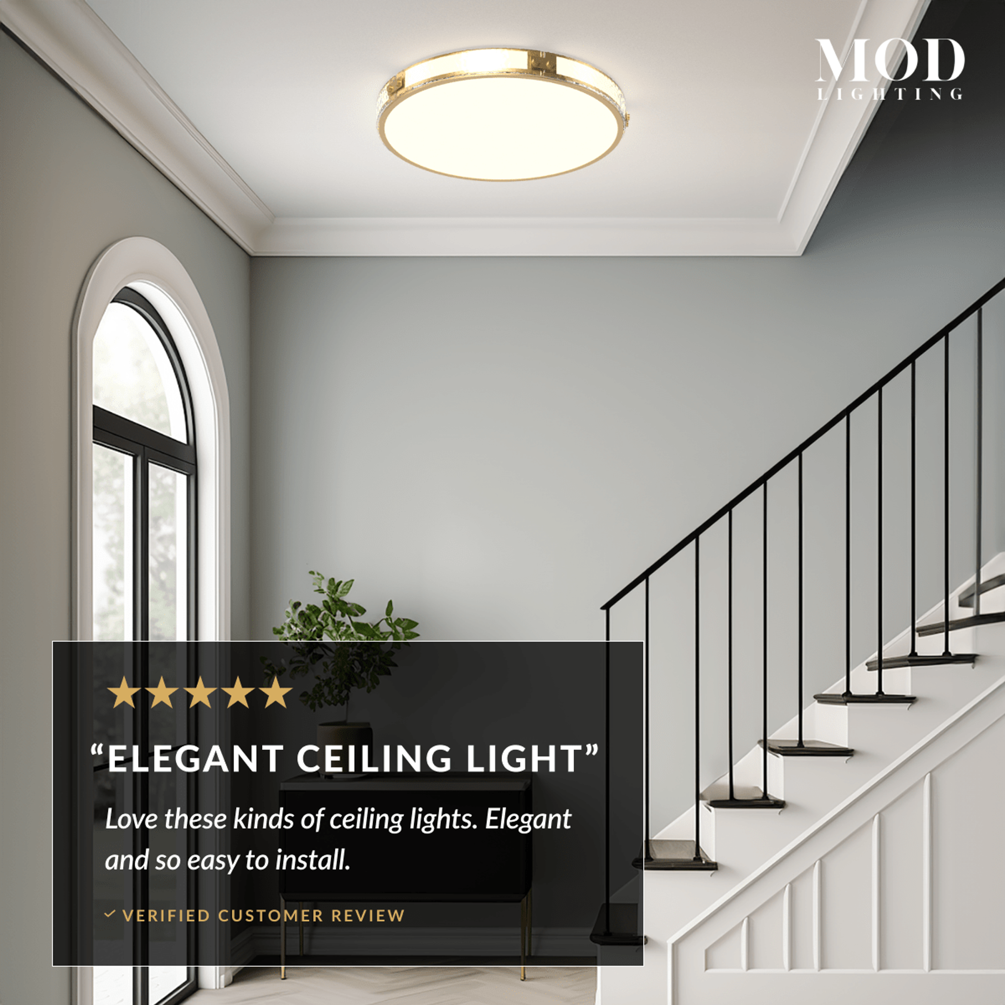 Orielle brushed-gold crystal flush-mount ceiling light above a staircase landing