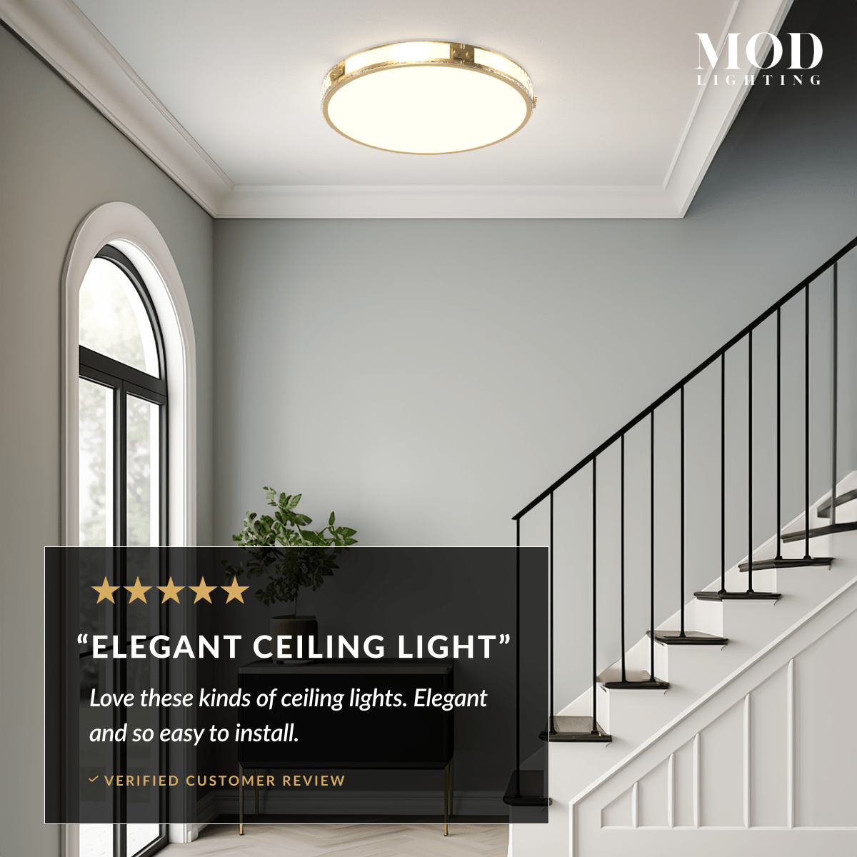 Orielle brushed-gold crystal flush-mount ceiling light above a staircase landing