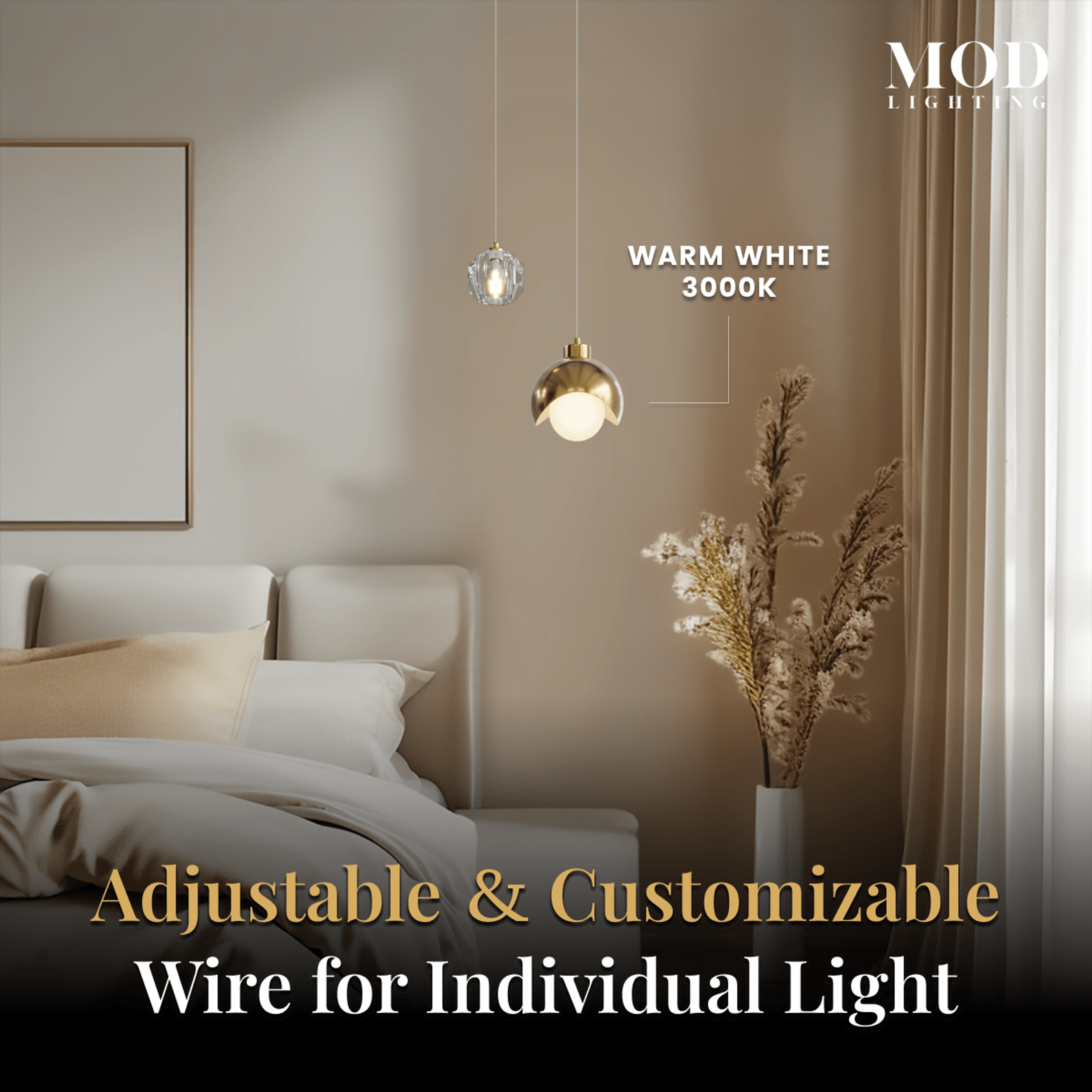 Diana gold globe pendant and crystal accent light in warm white by a bed, Warm White 3000K callout