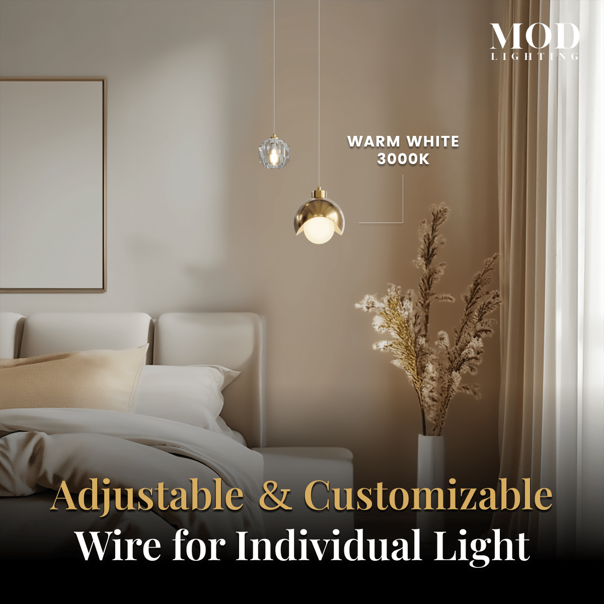 Diana gold globe pendant and crystal accent light in warm white by a bed, Warm White 3000K callout