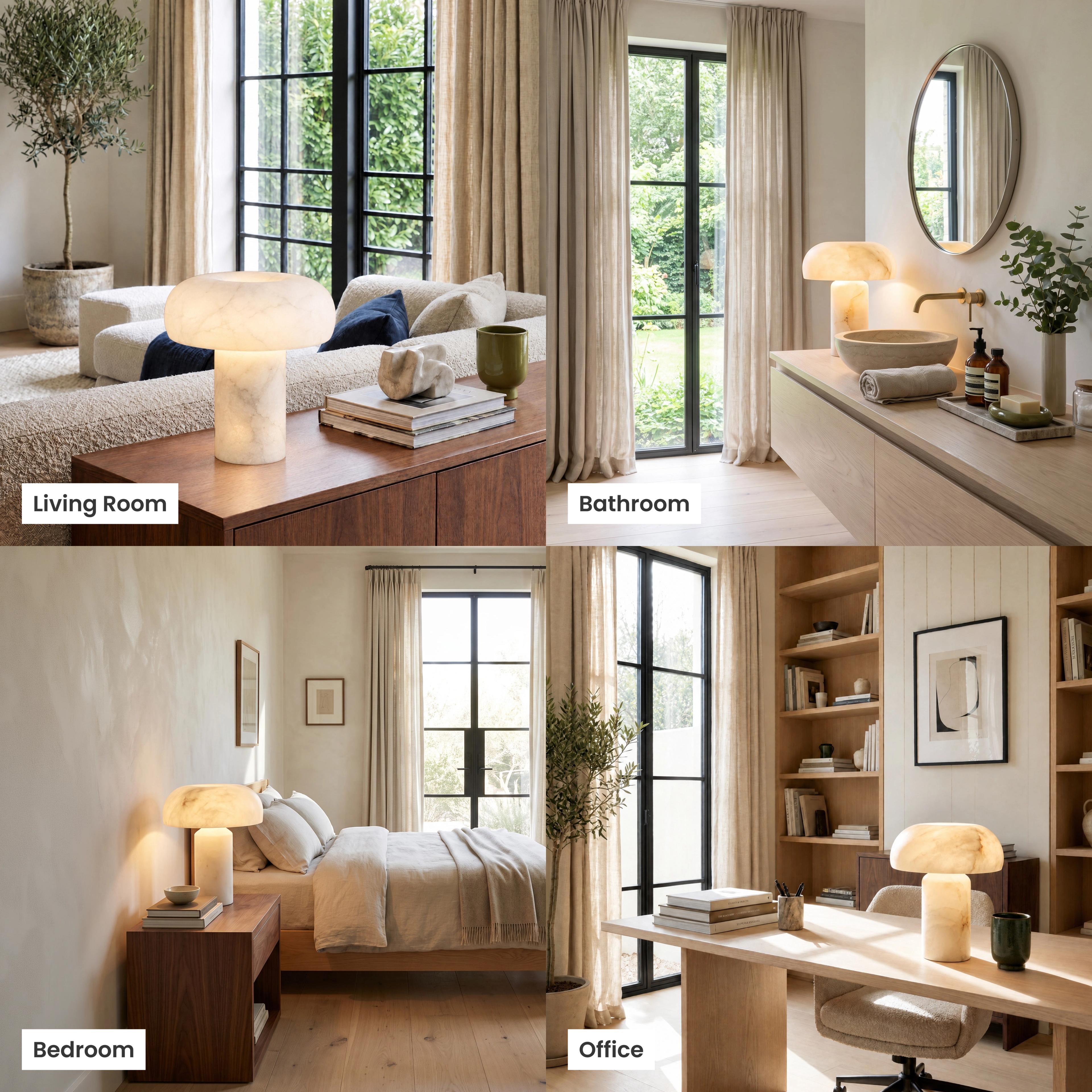 Ora Table Lamp, mushroom-form alabaster lamp, shown on a coffee table, dining console, desk and nightstand