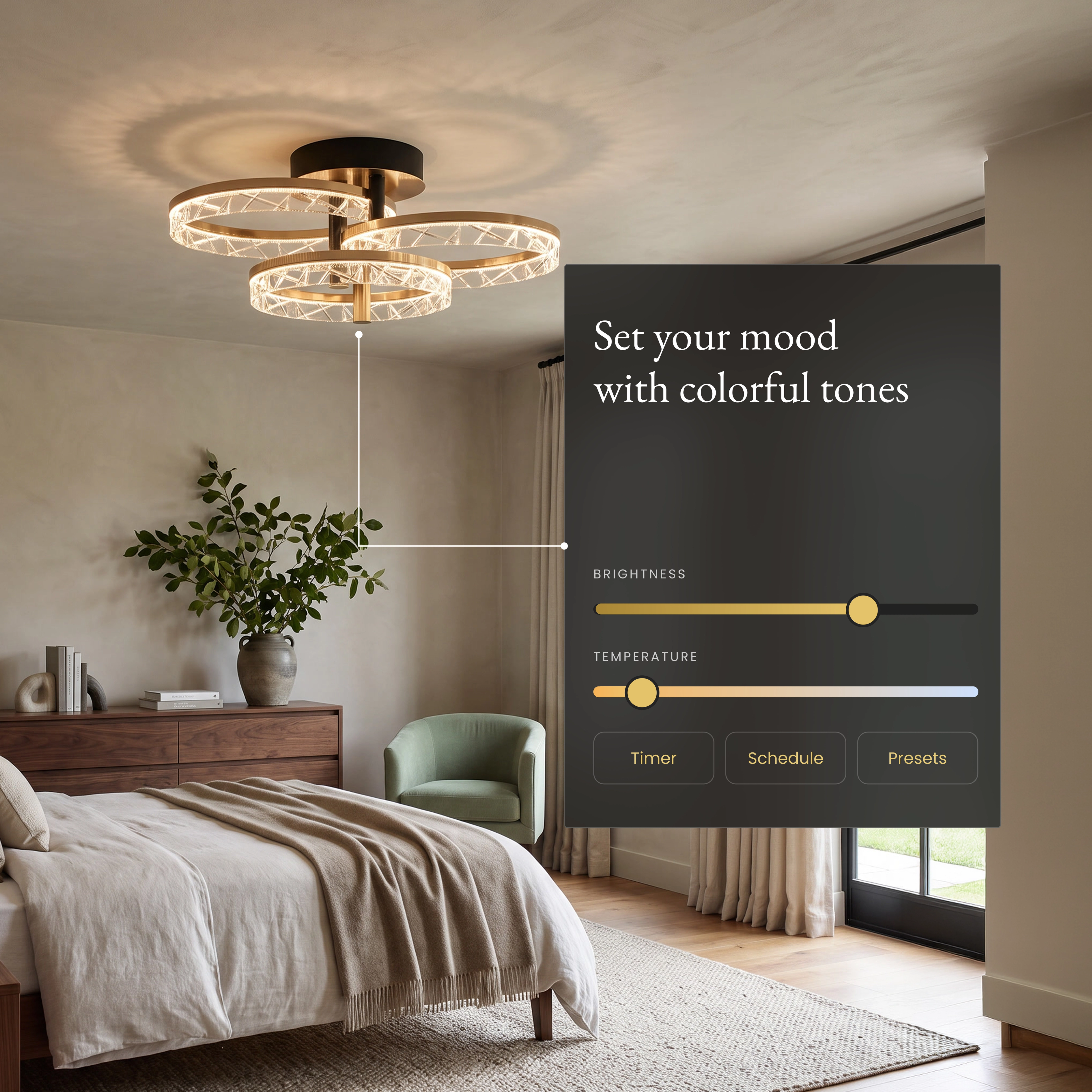 Clara Smart ceiling light in a bedroom with the app brightness and color temperature sliders