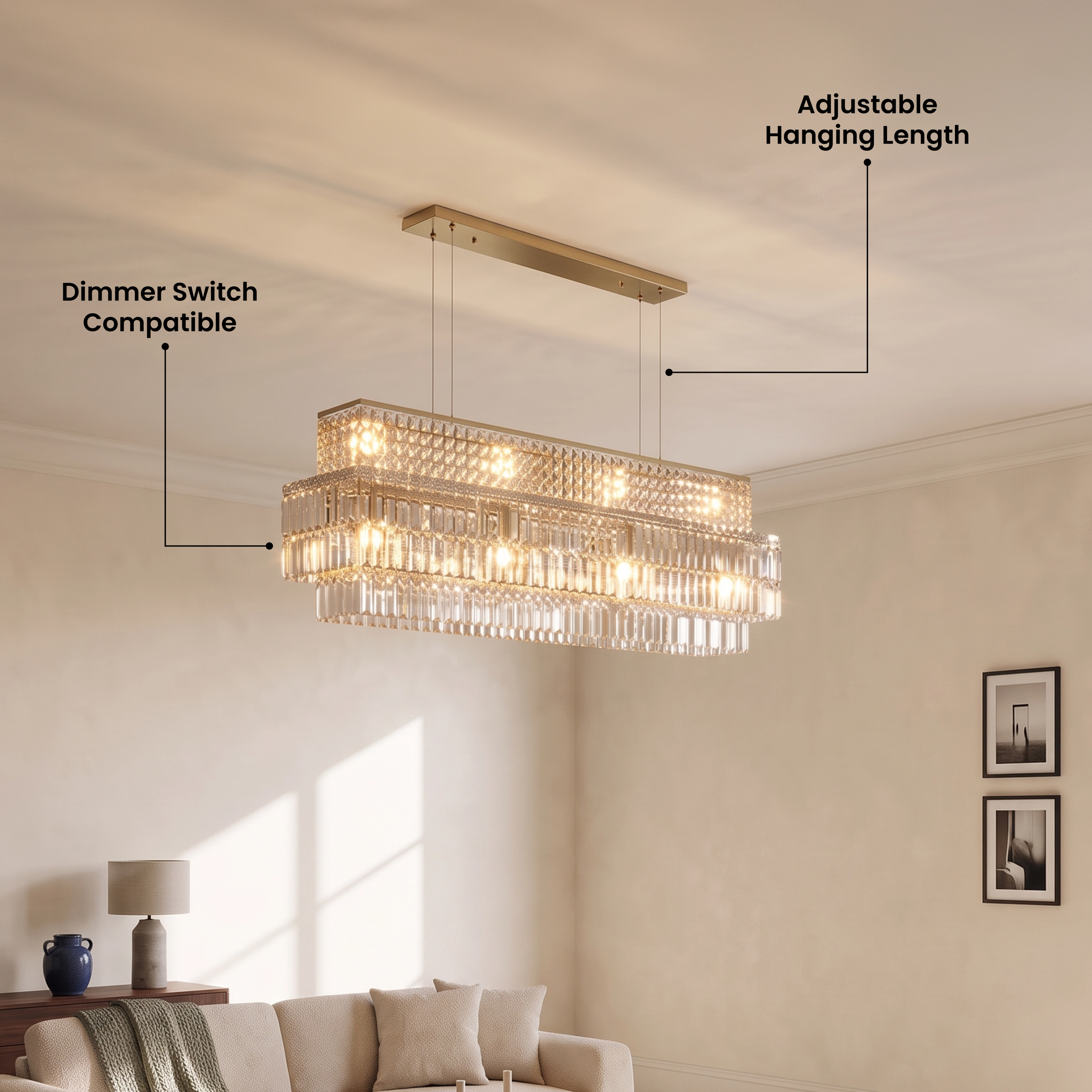 Krystal gold rectangular crystal chandelier in a living room, five-star review overlay