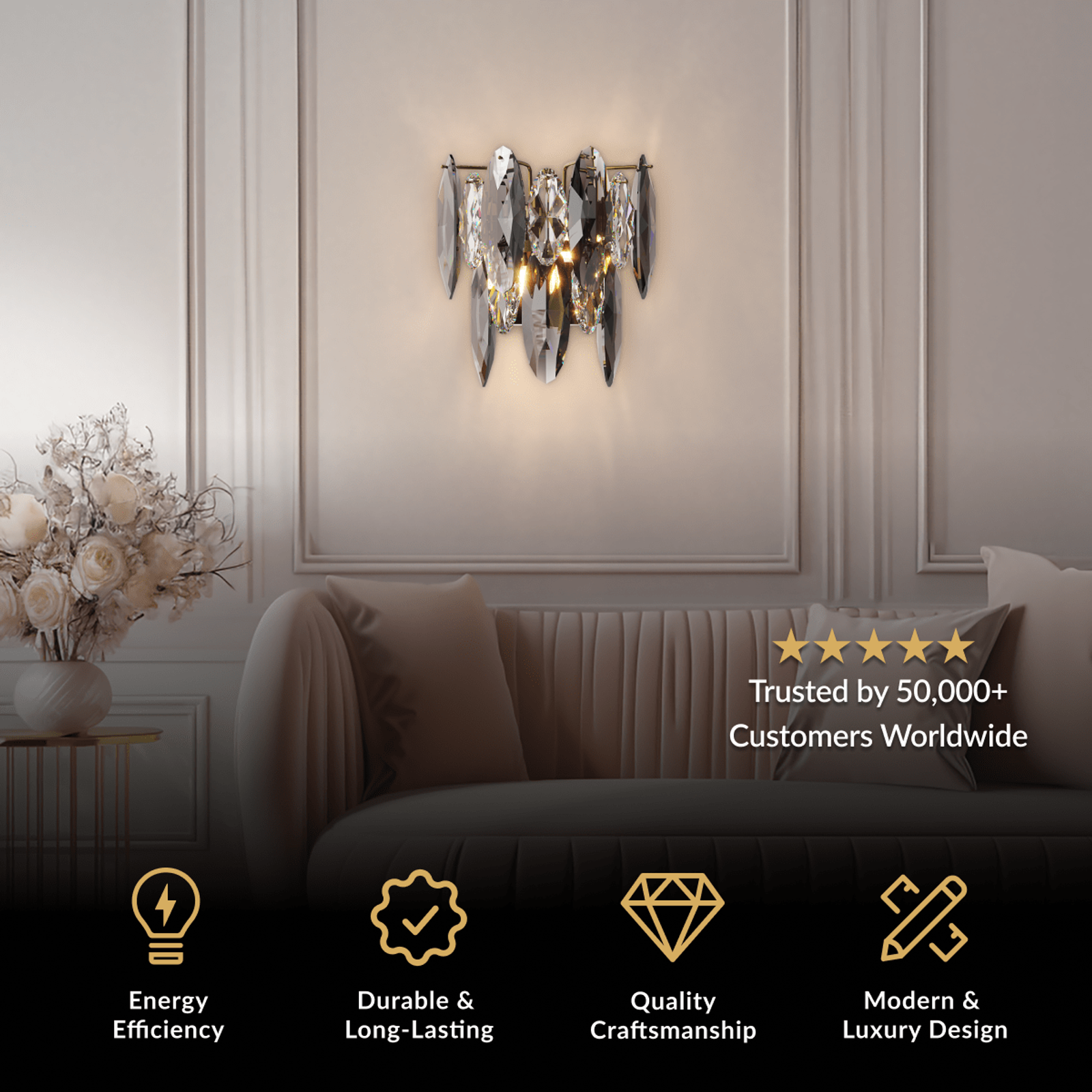Celestial gold and crystal wall sconce mounted above a sofa in a neutral living room
