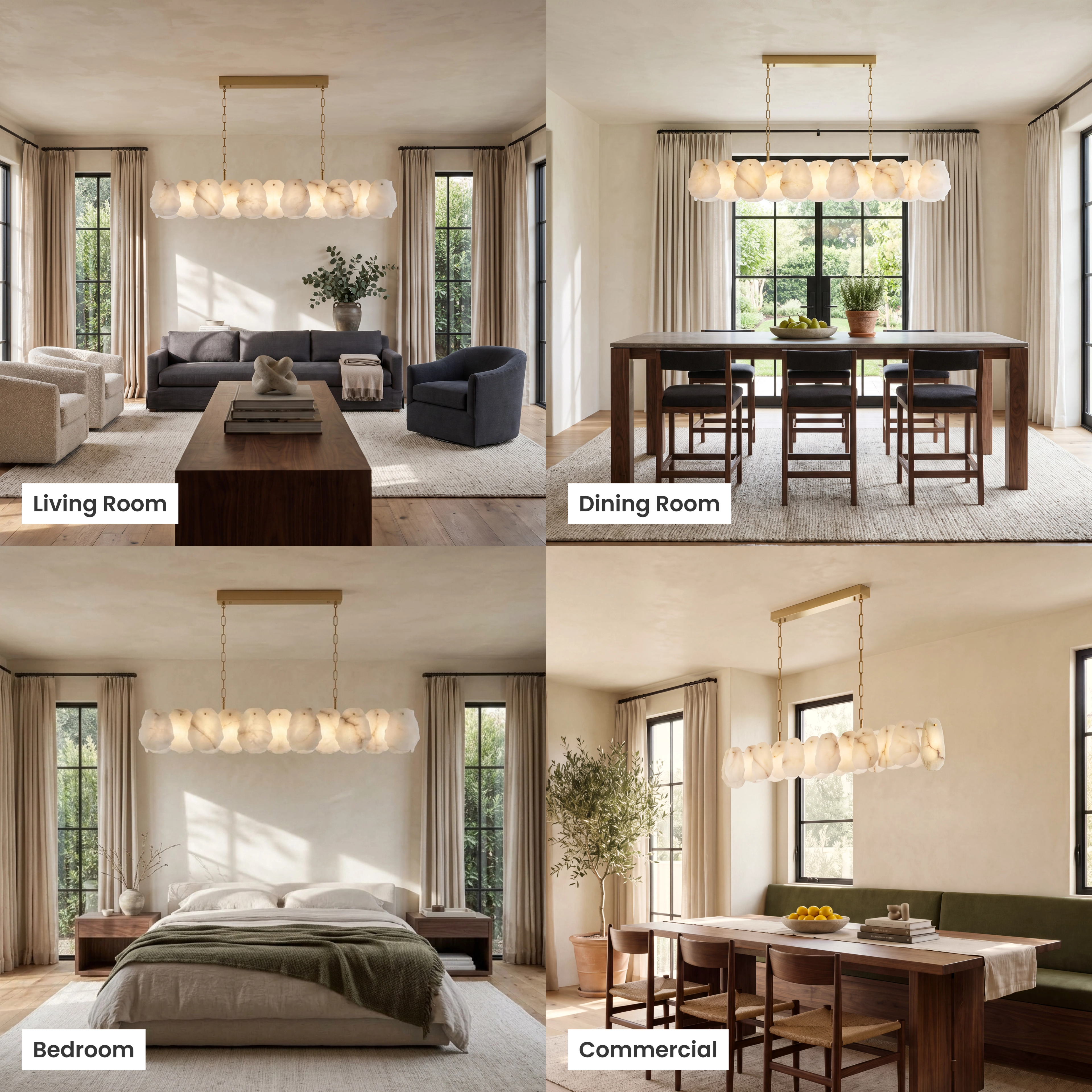 Alba Pendant Smart linear alabaster pendant shown in a living room, dining room, bedroom and office