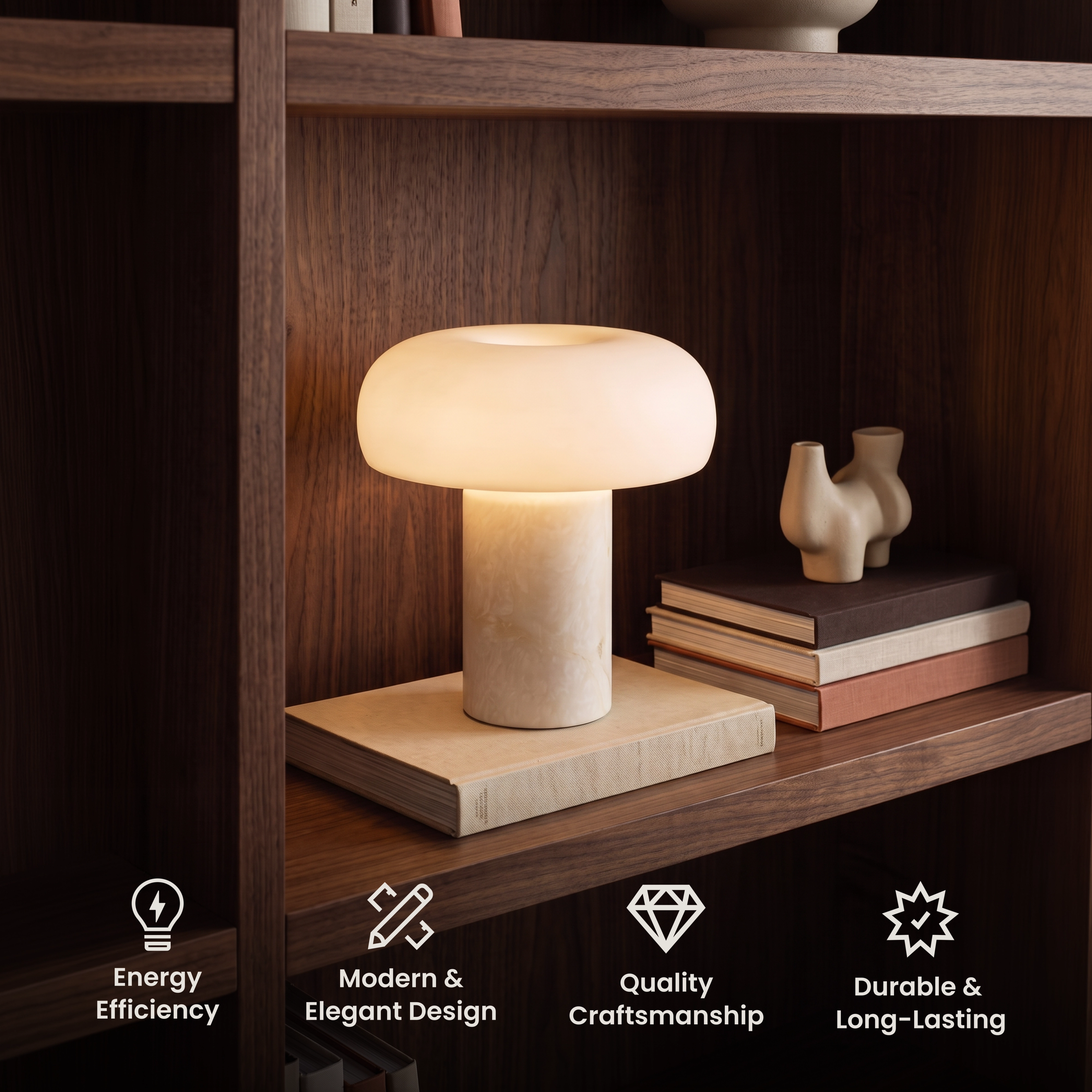 Ora Table Lamp, mushroom-form white alabaster shade on a cylindrical base, on a round side table