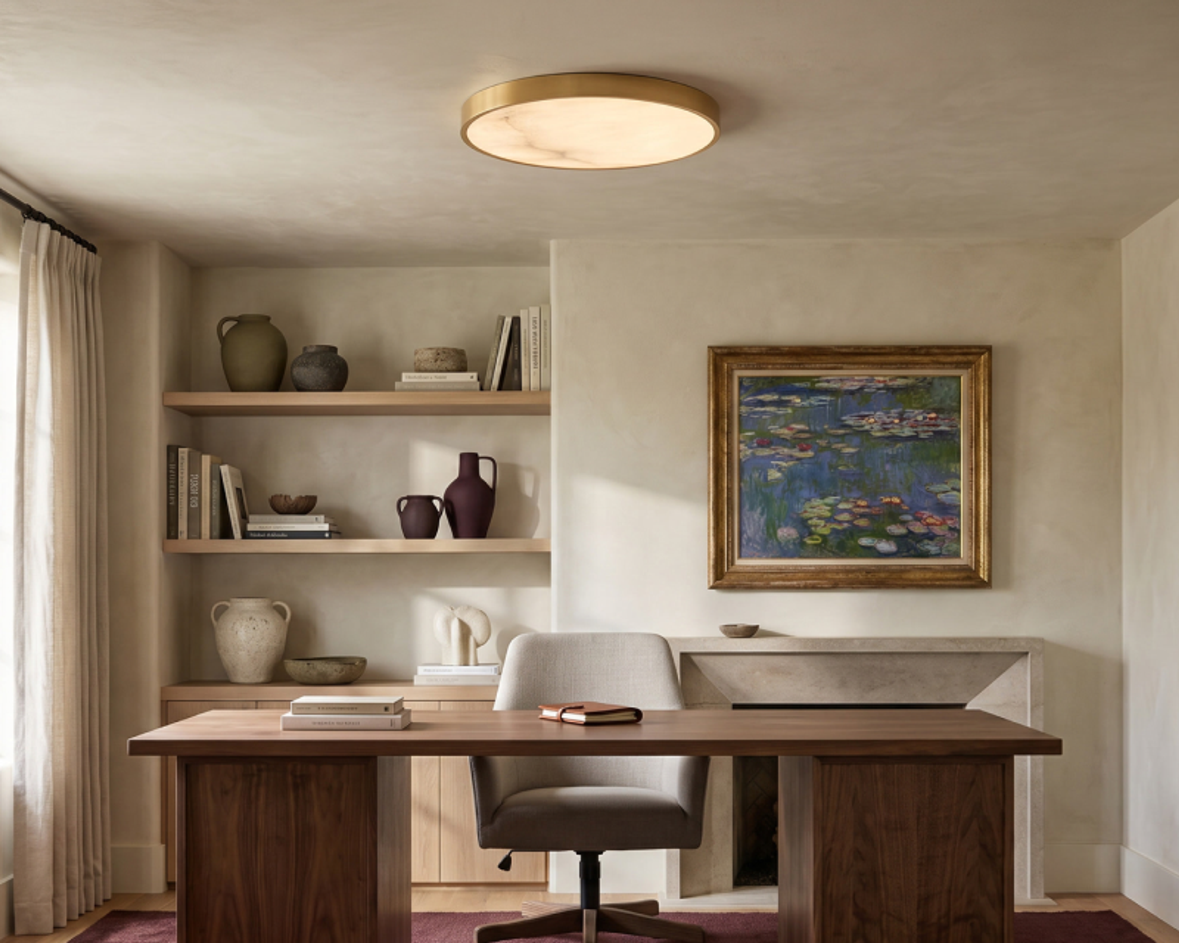 A flush ceiling light in a home office