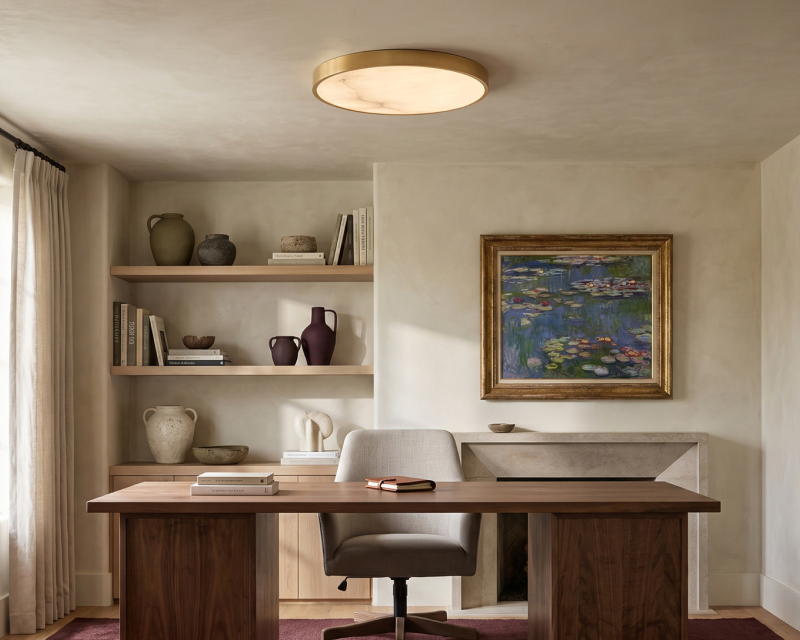 A flush ceiling light in a home office