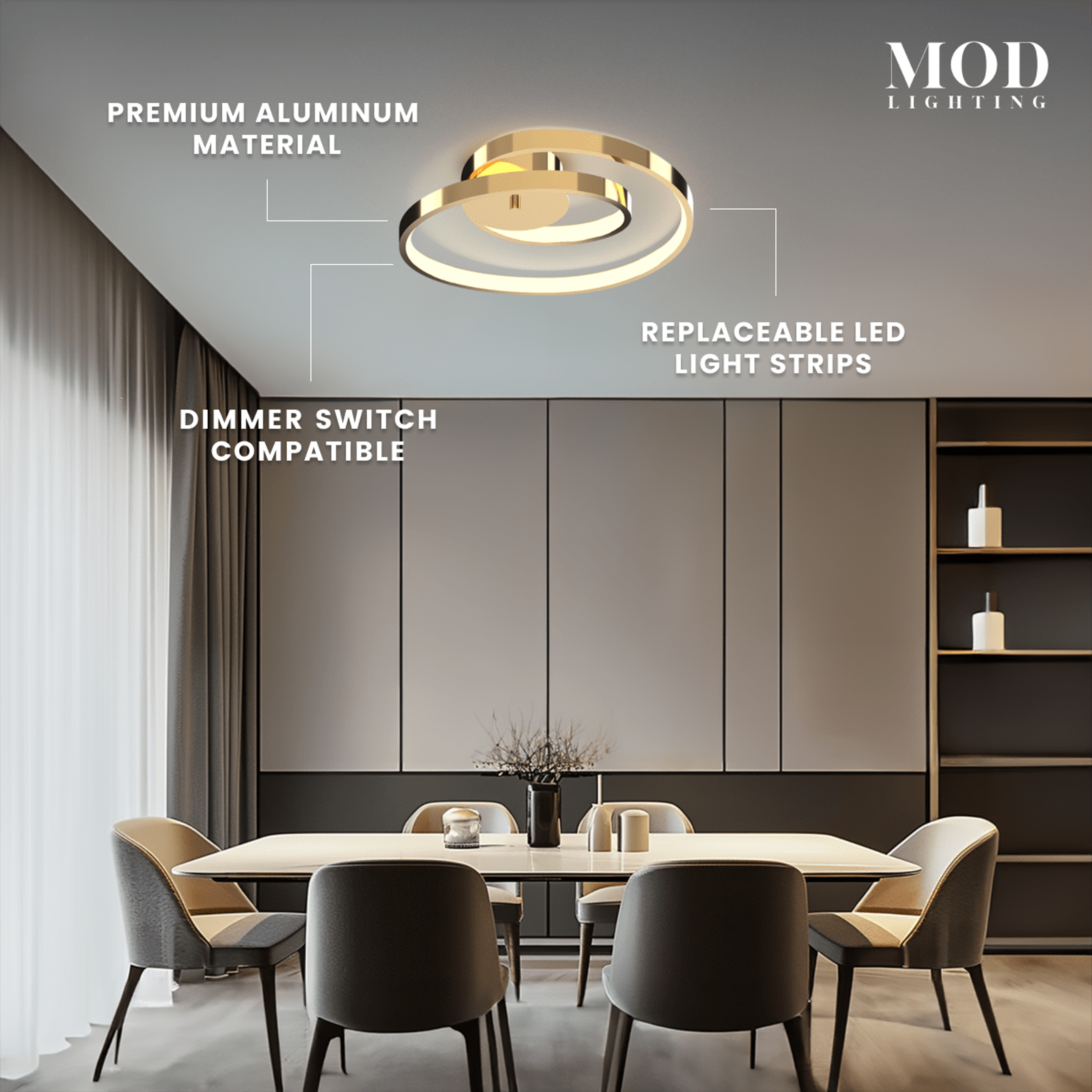 Elise gold spiral-ring flush-mount above a dining table, labeled aluminum, dimmable, replaceable LED strips