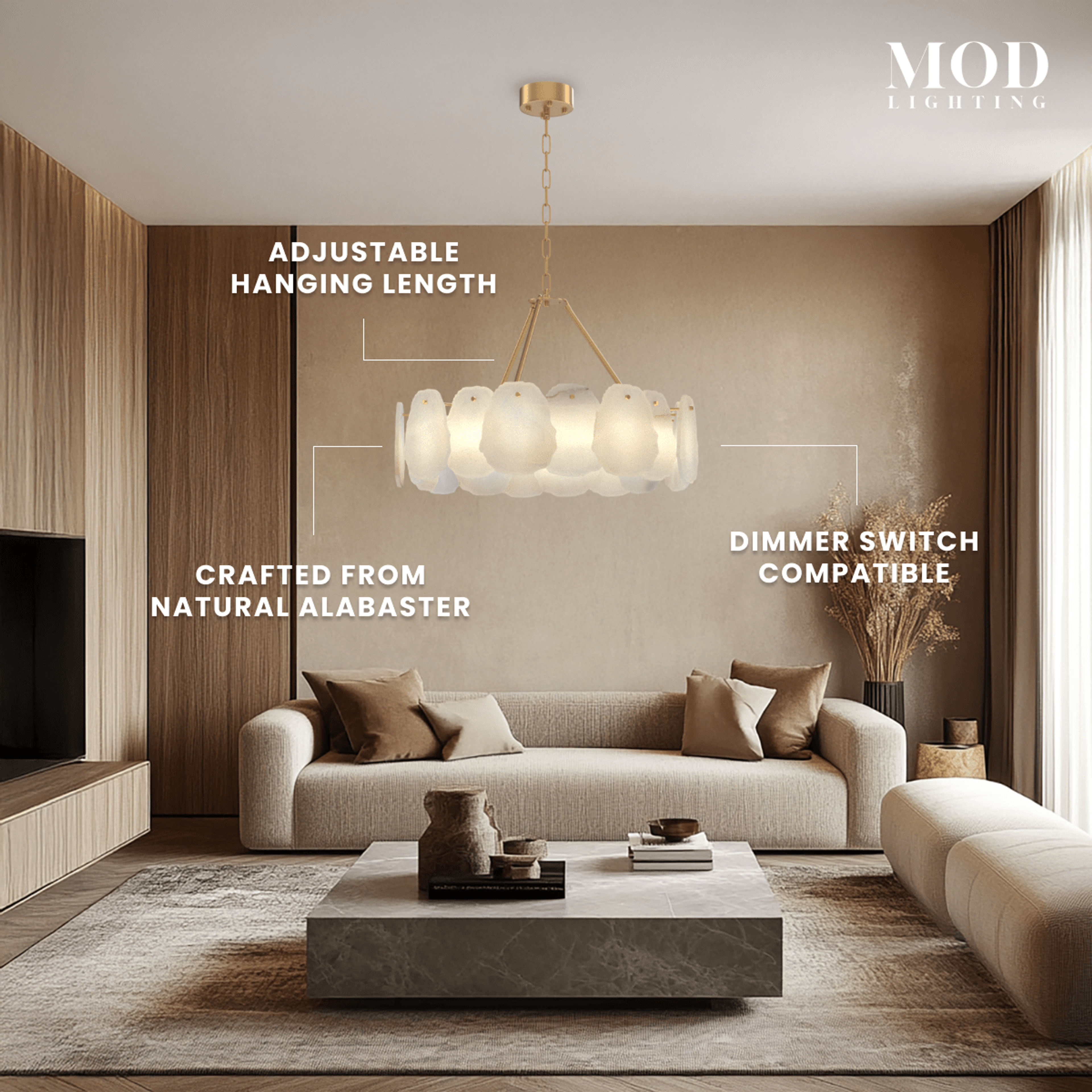 Alba gold and alabaster petal drum chandelier suspended in a warm-toned living room