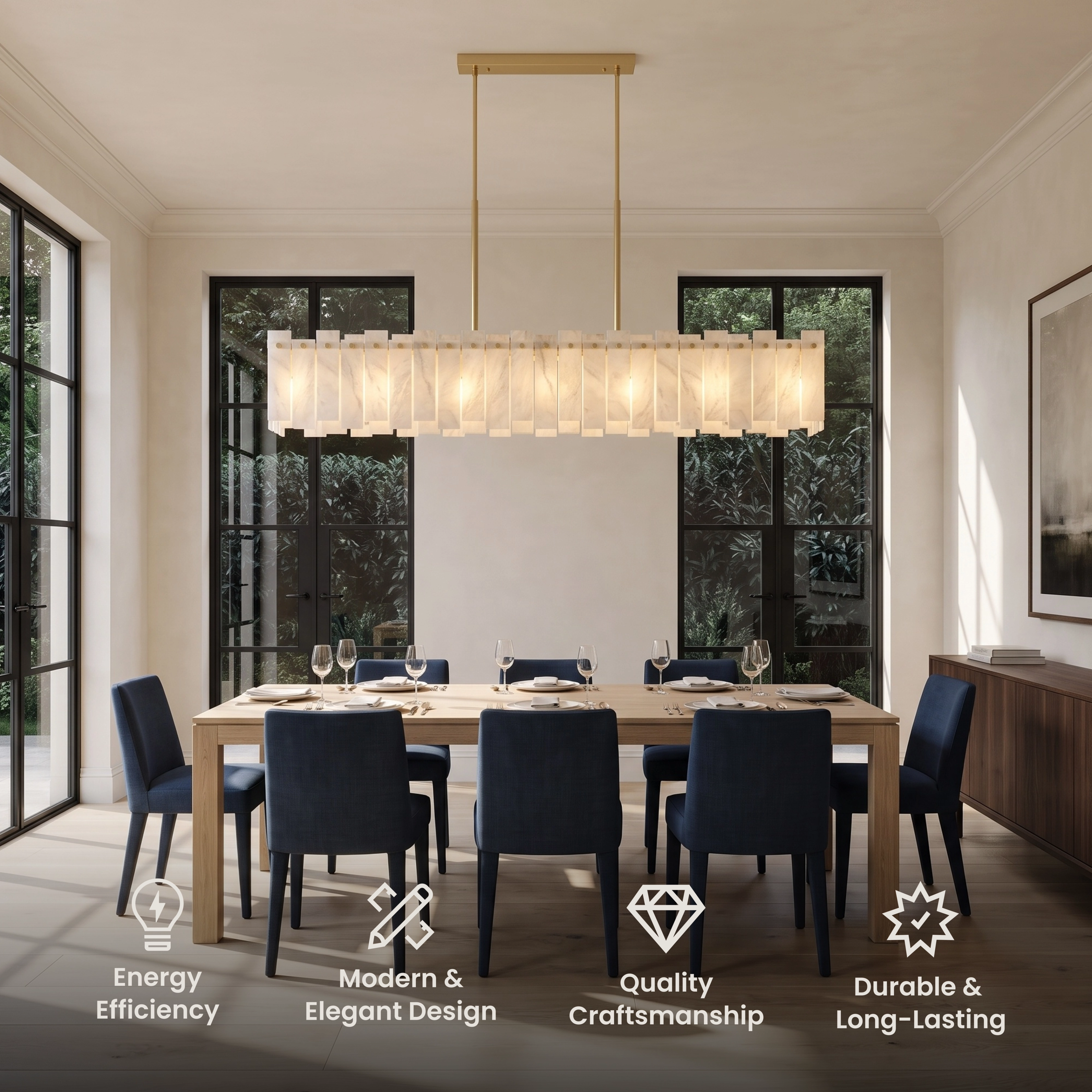 Velina linear alabaster pendant, gold frame with white alabaster panels, above a kitchen island