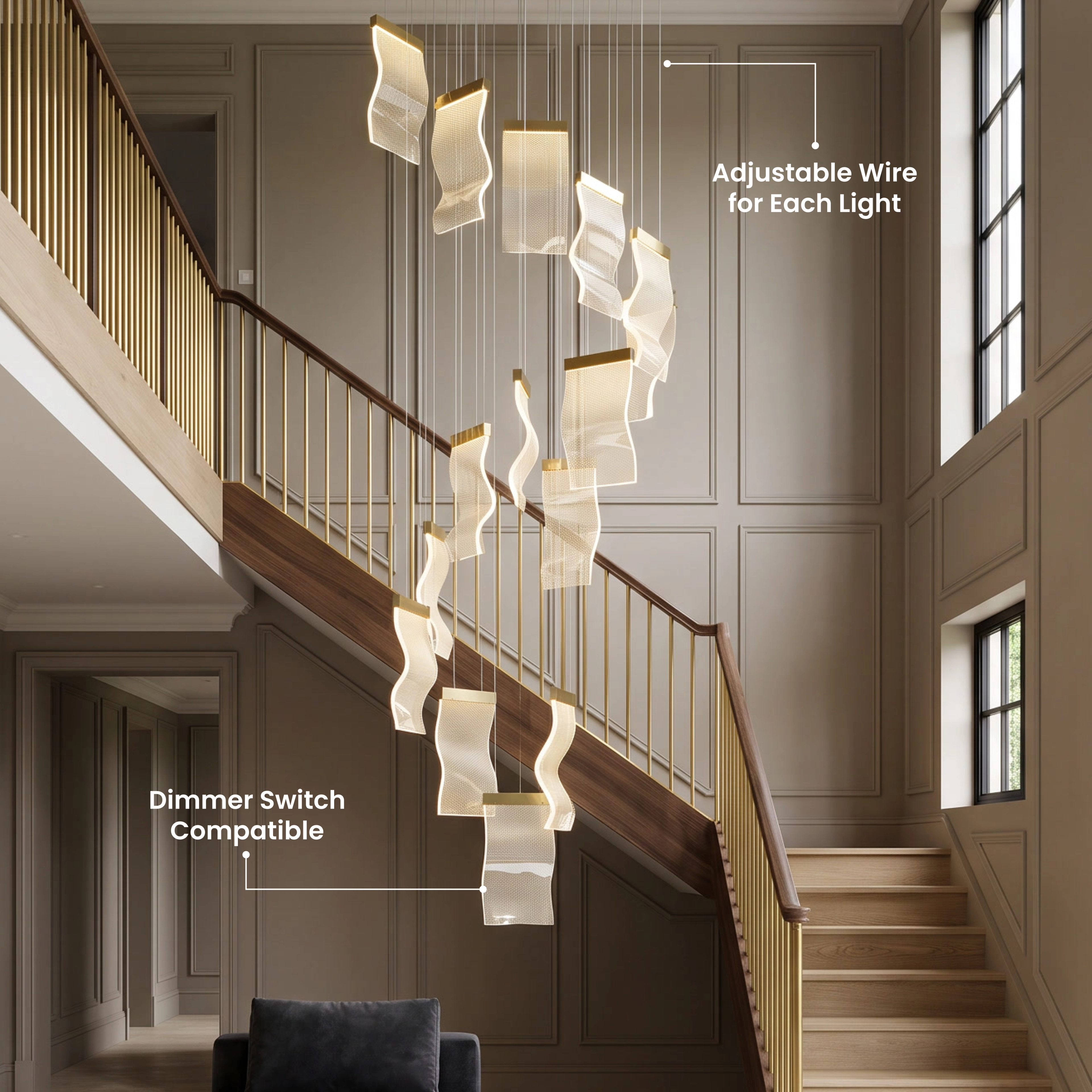Helia tiered glass-panel chandelier suspended in a double-height living room, five-star review overlay