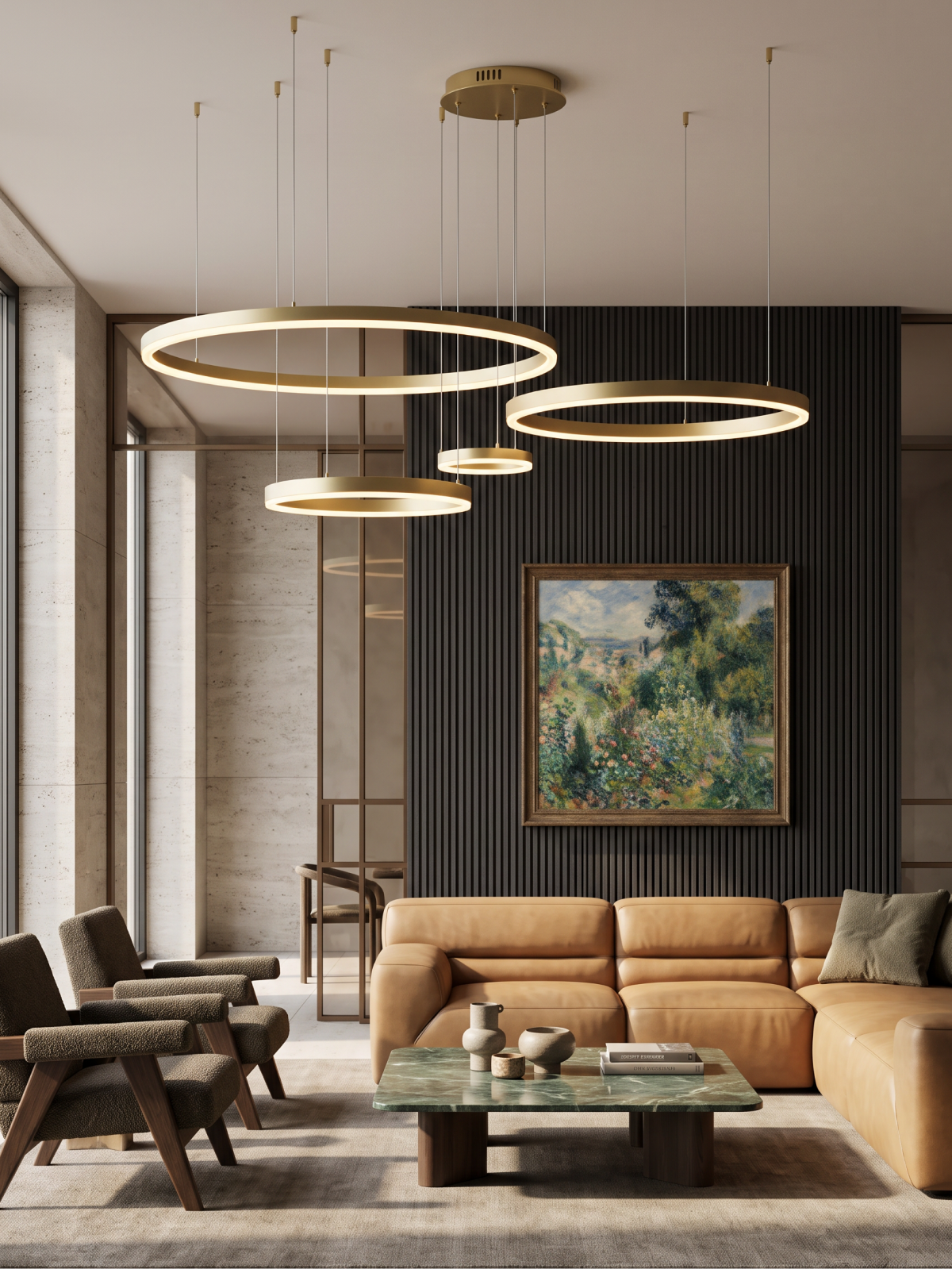 Tiered gold ring pendant light above a modern living room