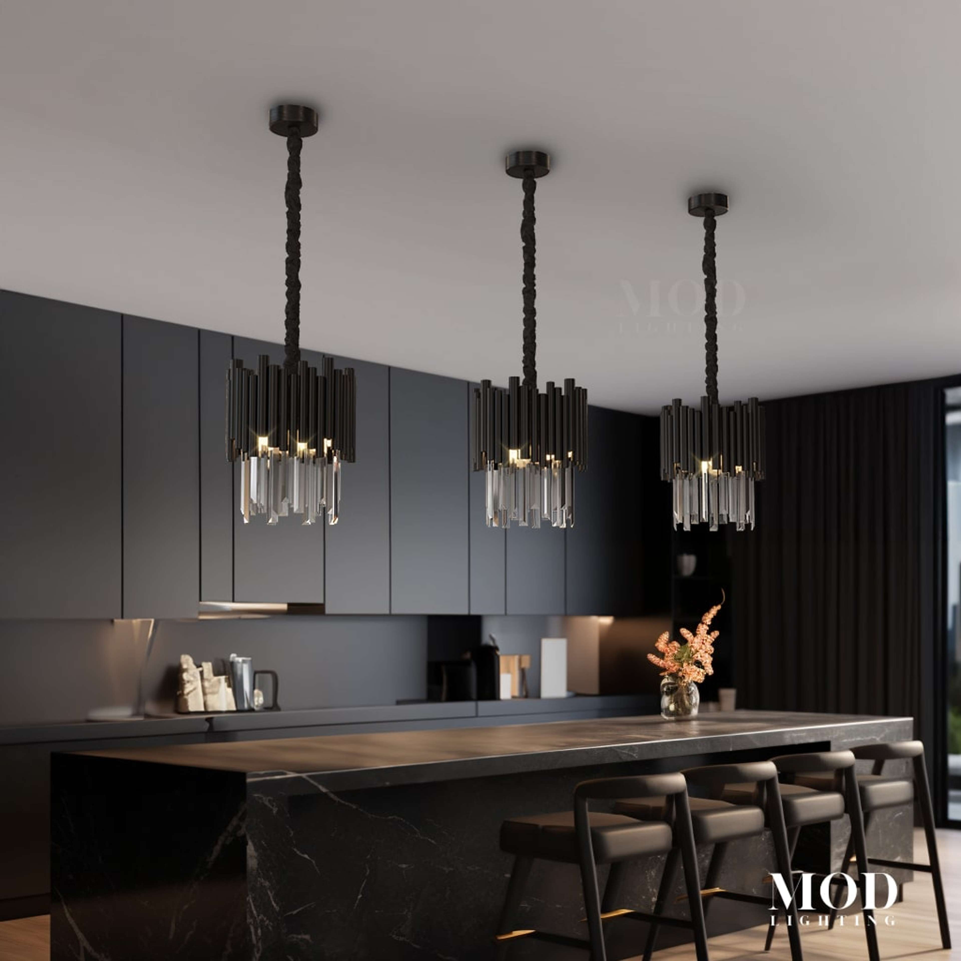 Mini Obsidian moon wall light shown in four settings: entryway, pool area, garage, and commercial