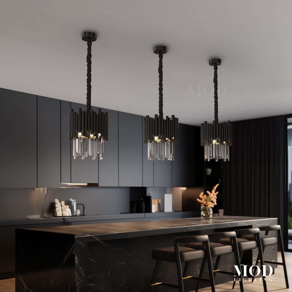 Mini Obsidian moon wall light shown in four settings: entryway, pool area, garage, and commercial