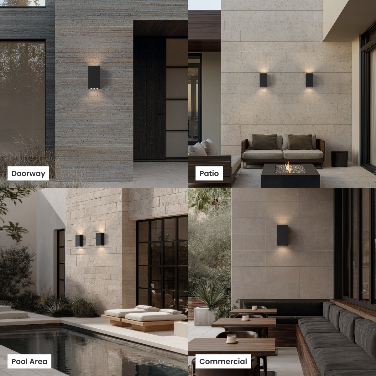 Harlow black up-down outdoor sconce shown in four settings: doorway, patio, pool area and commercial