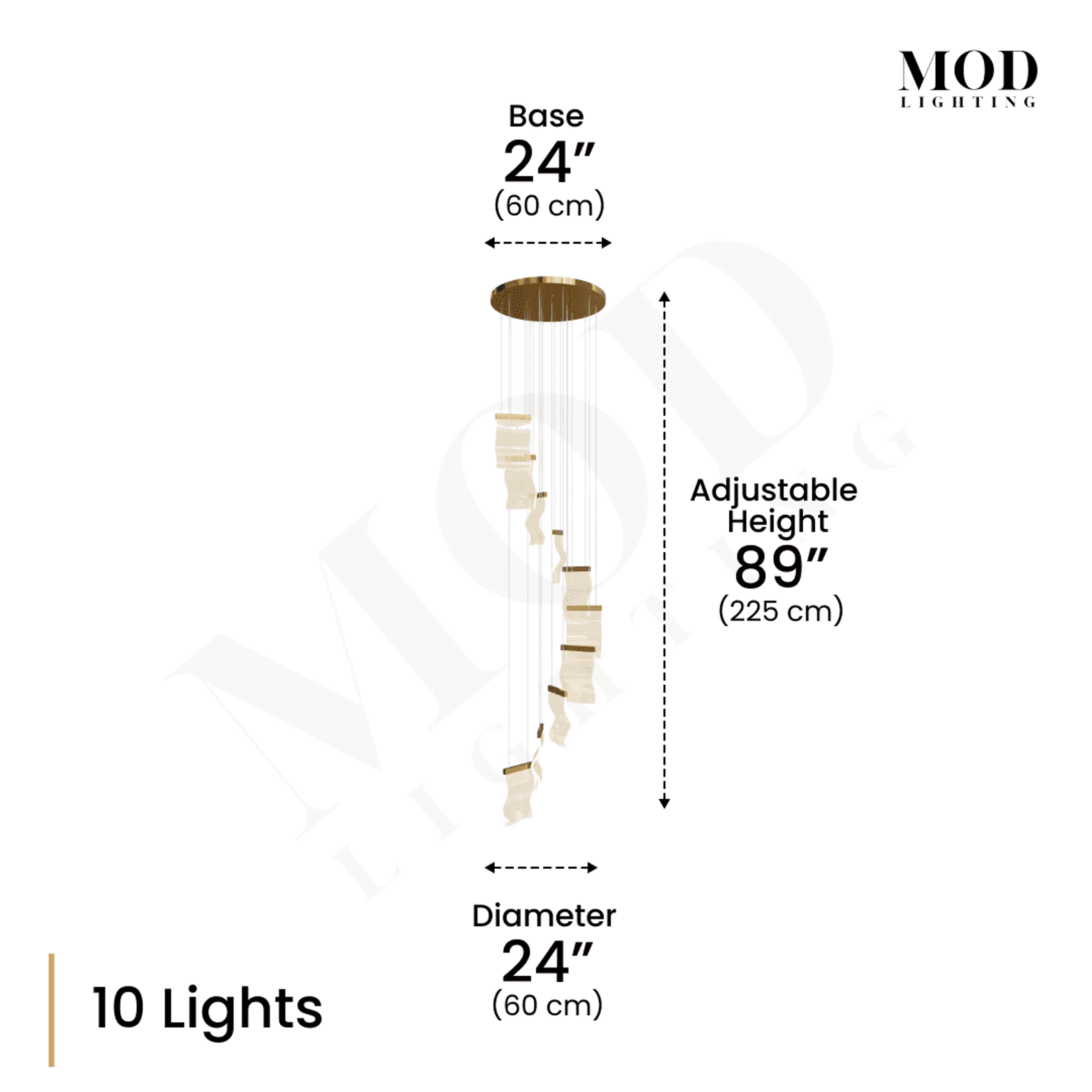 Helia 10-light spiral chandelier dimension diagram: 24in base and diameter, 89in adjustable height