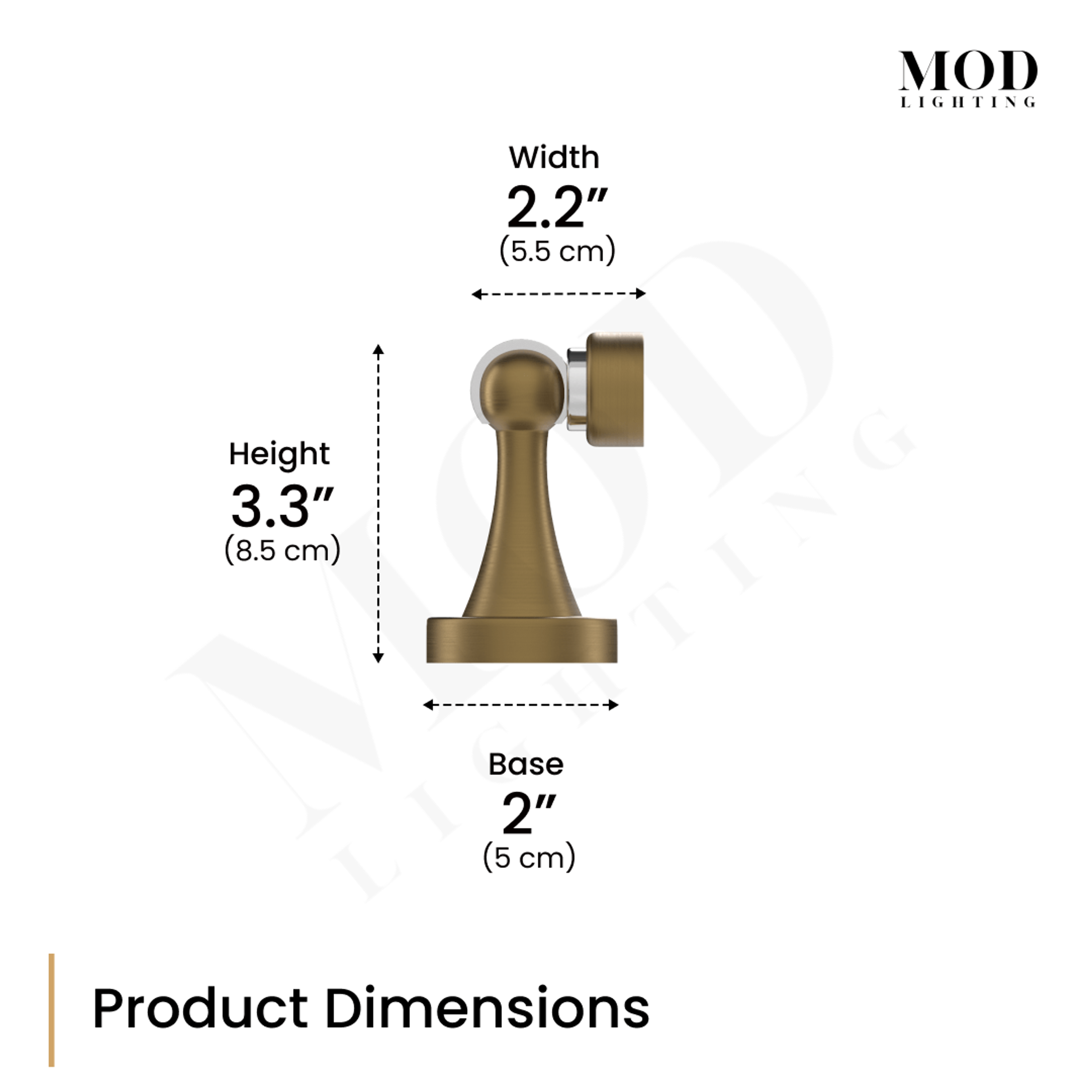 Noka brushed-gold door stop dimension diagram: 2.2 in width, 3.3 in height, 2 in base