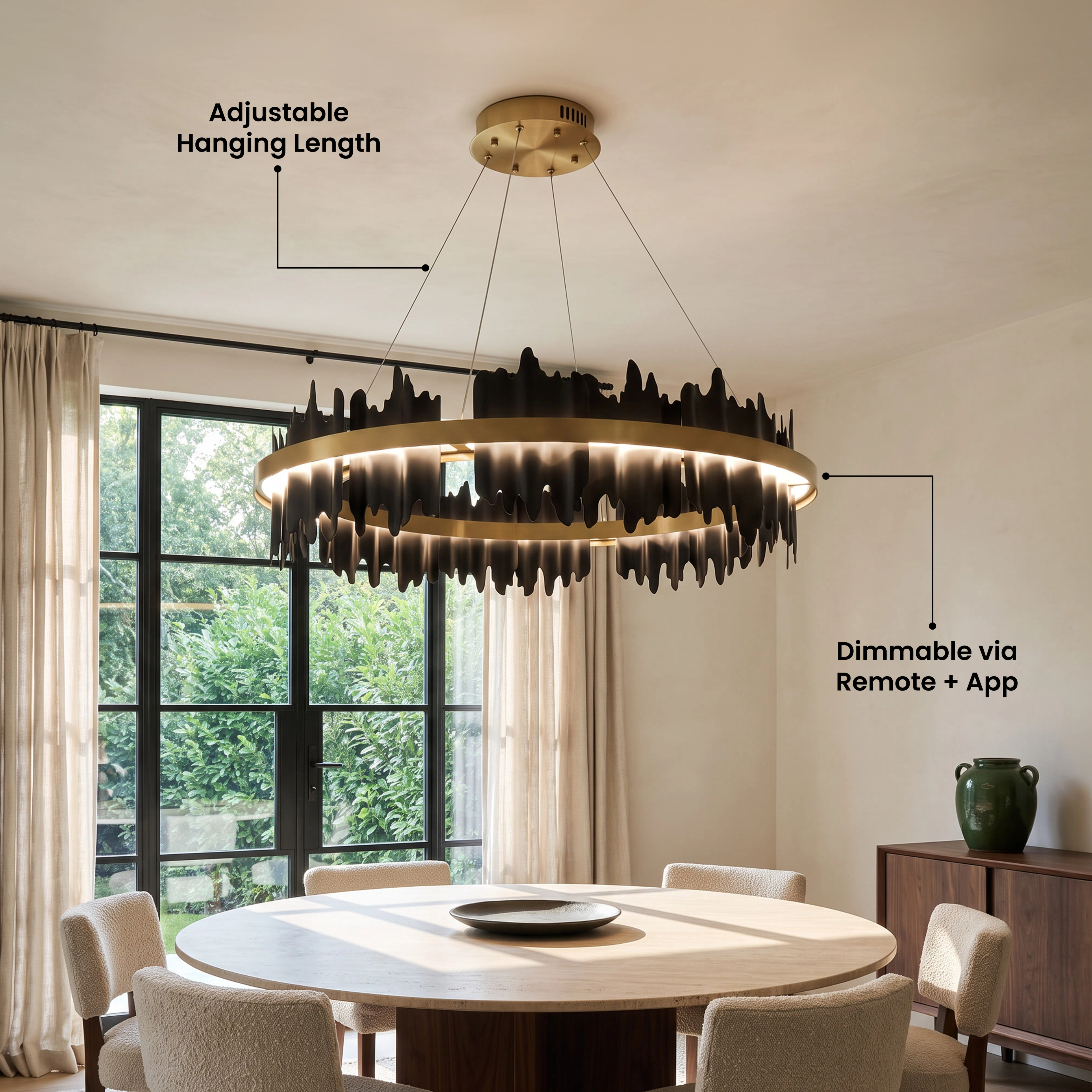 Aurelius Smart black ring chandelier with callouts for adjustable hanging length and dimming by remote and app
