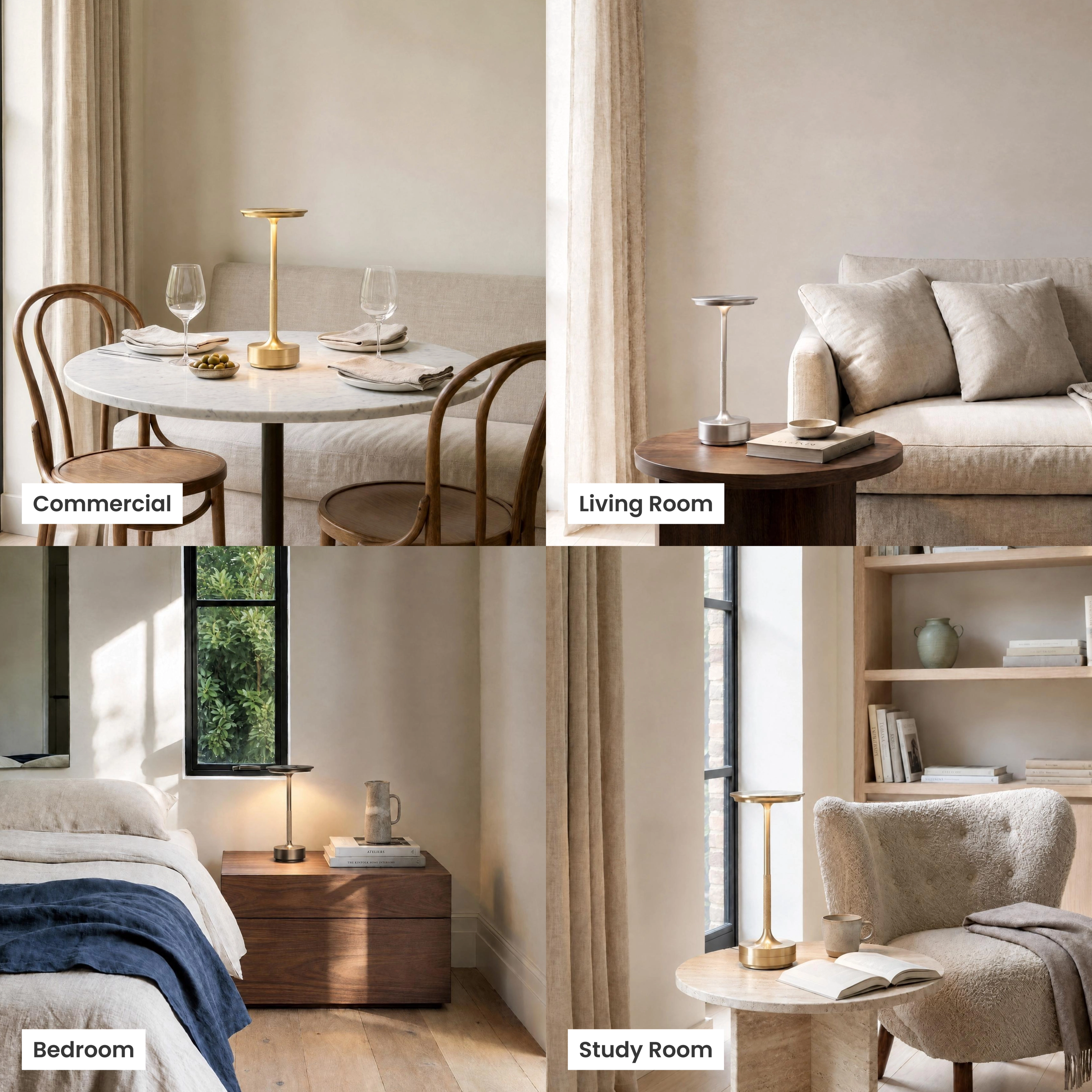 Aris rechargeable table lamp shown in living room, office, bedroom and restaurant settings